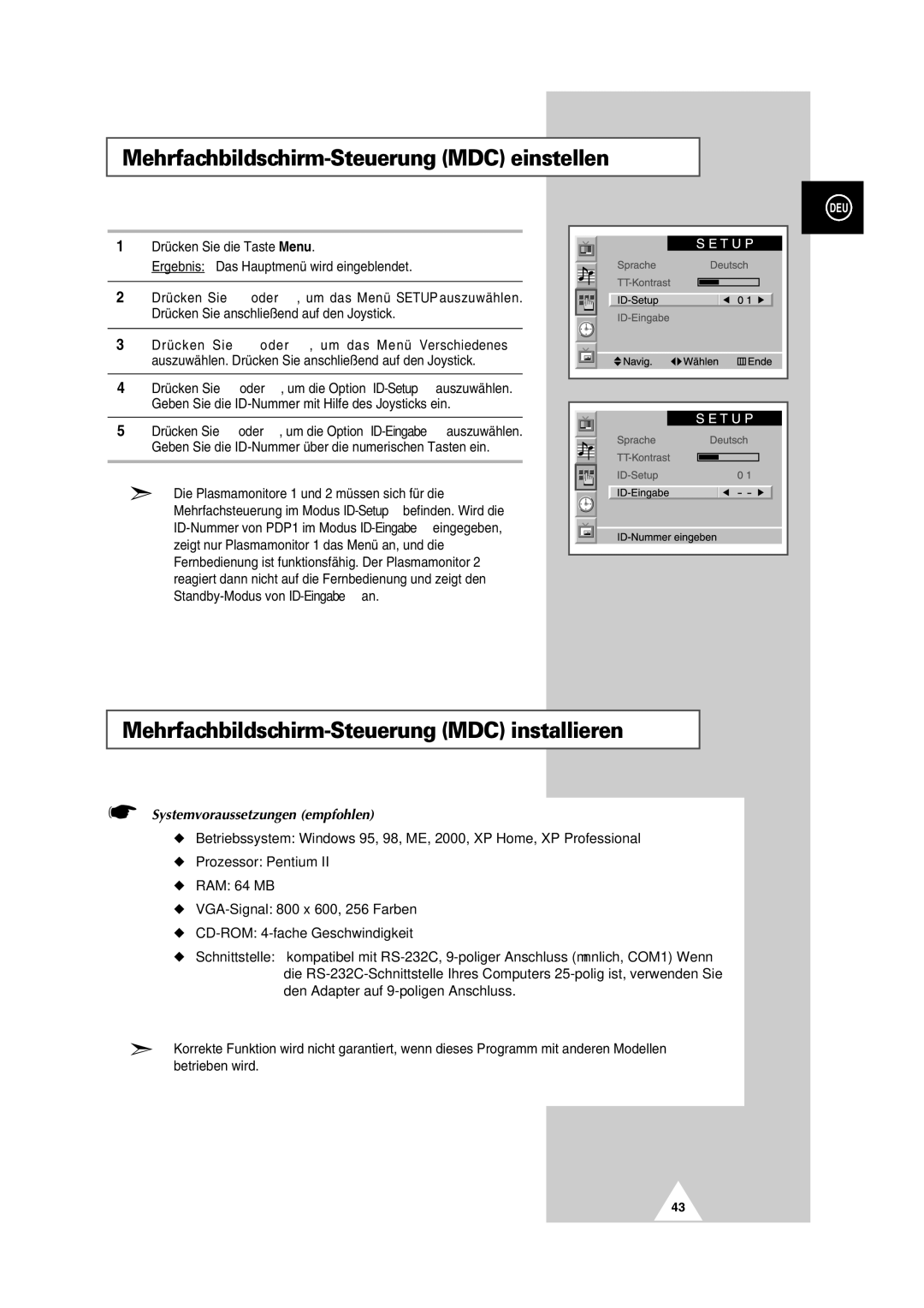 Samsung PS-50P2HT manual Mehrfachbildschirm-Steuerung MDC einstellen, Mehrfachbildschirm-Steuerung MDC installieren 