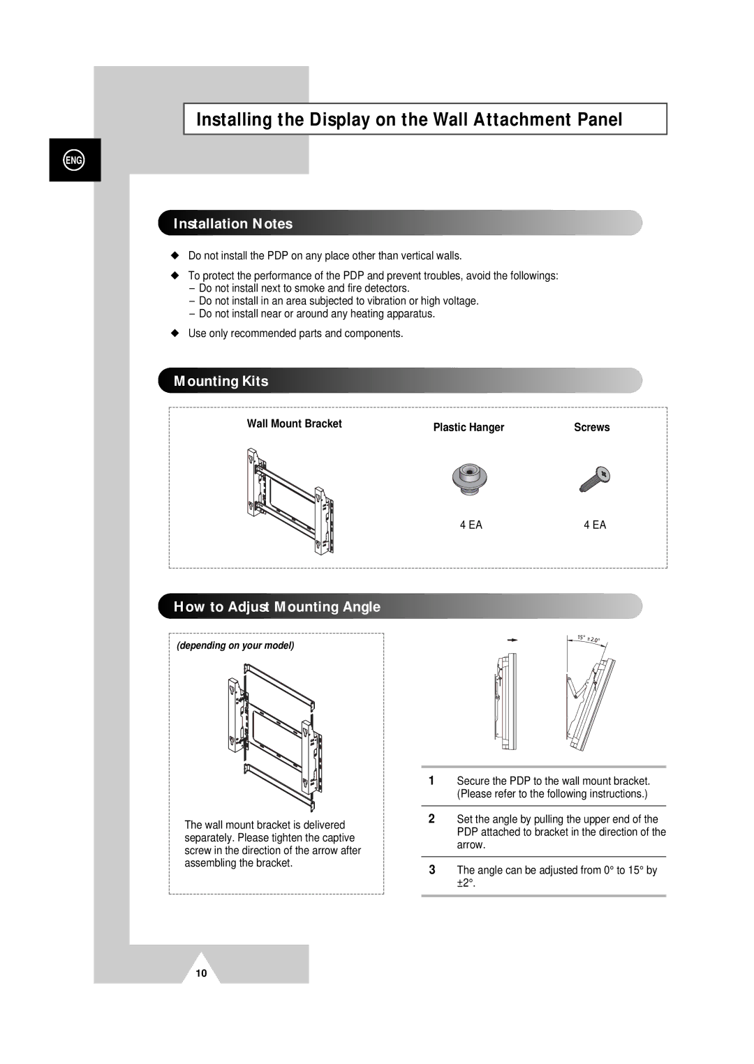 Samsung PS-50P4H manual Installing the Display on the Wall Attachment Panel, Wall Mount Bracket Plastic Hanger 