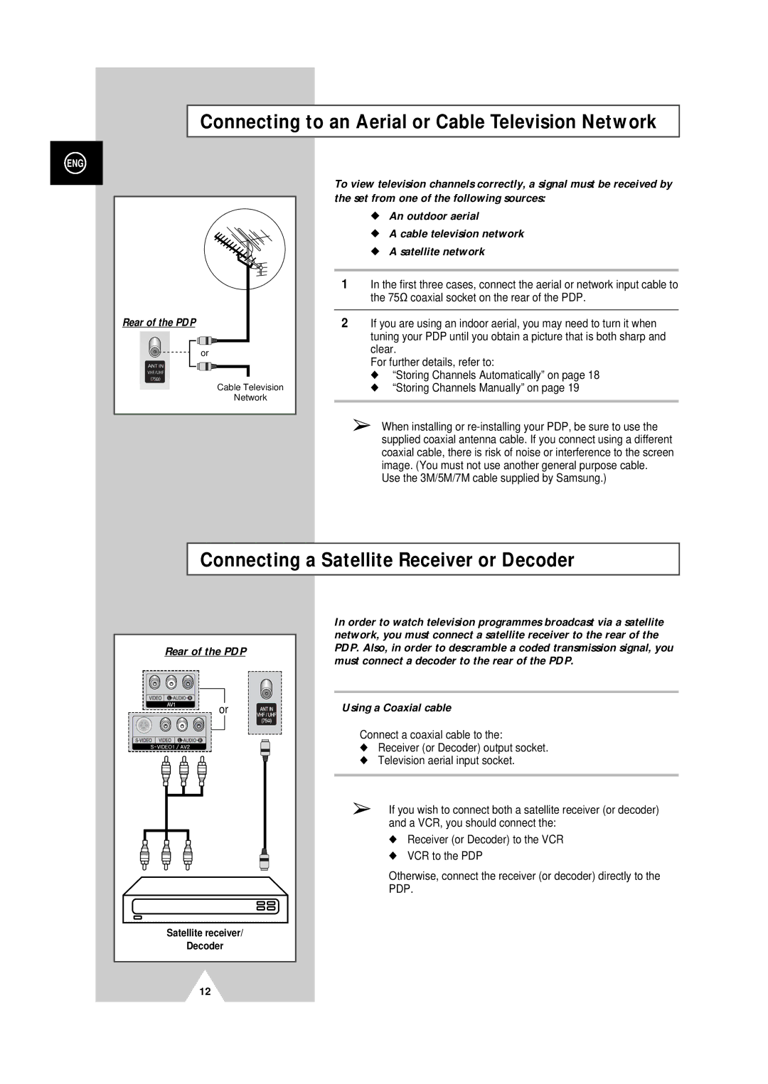 Samsung PS-50P4H manual Connecting to an Aerial or Cable Television Network, Connecting a Satellite Receiver or Decoder 