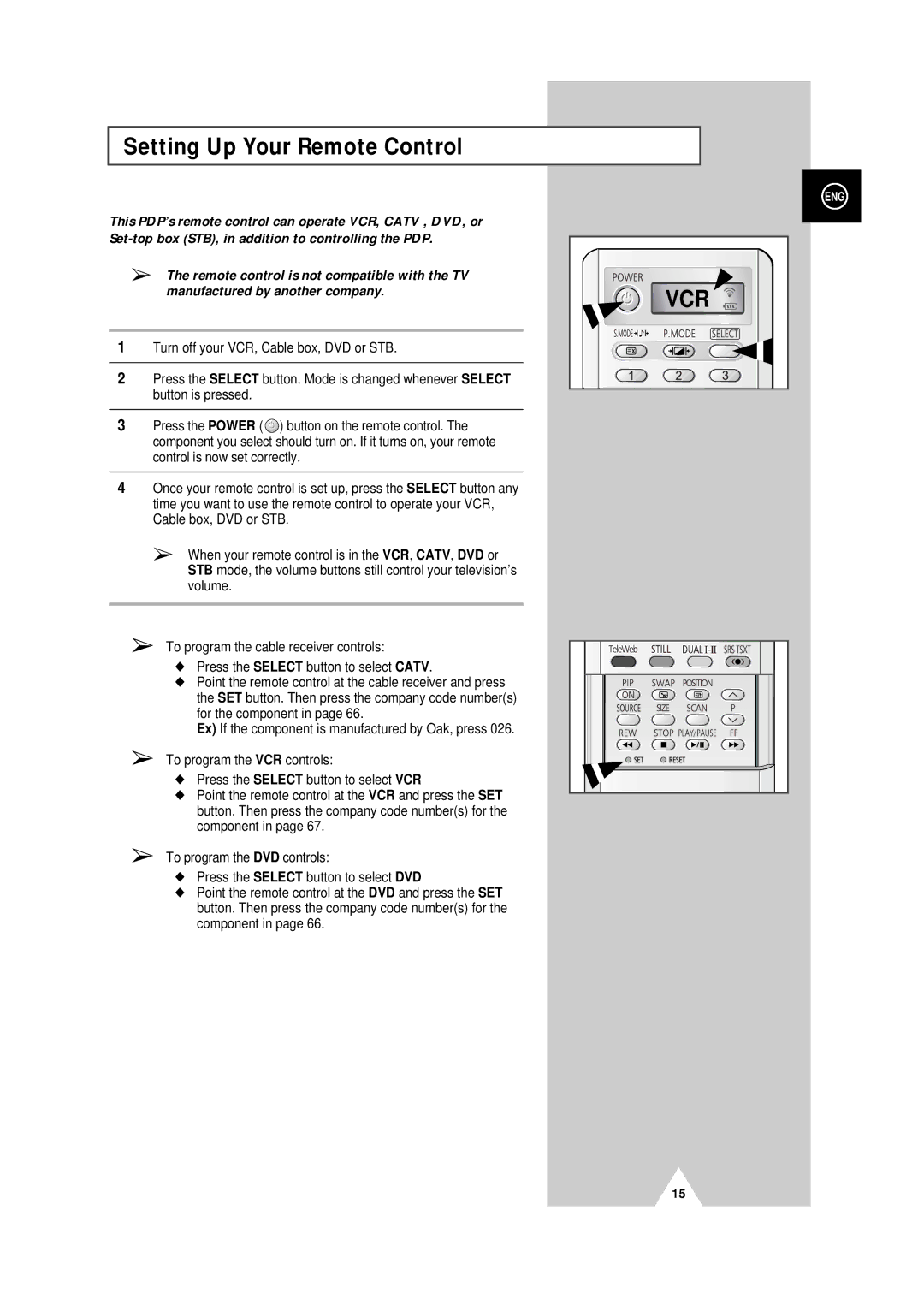 Samsung PS-50P4H manual Setting Up Your Remote Control 