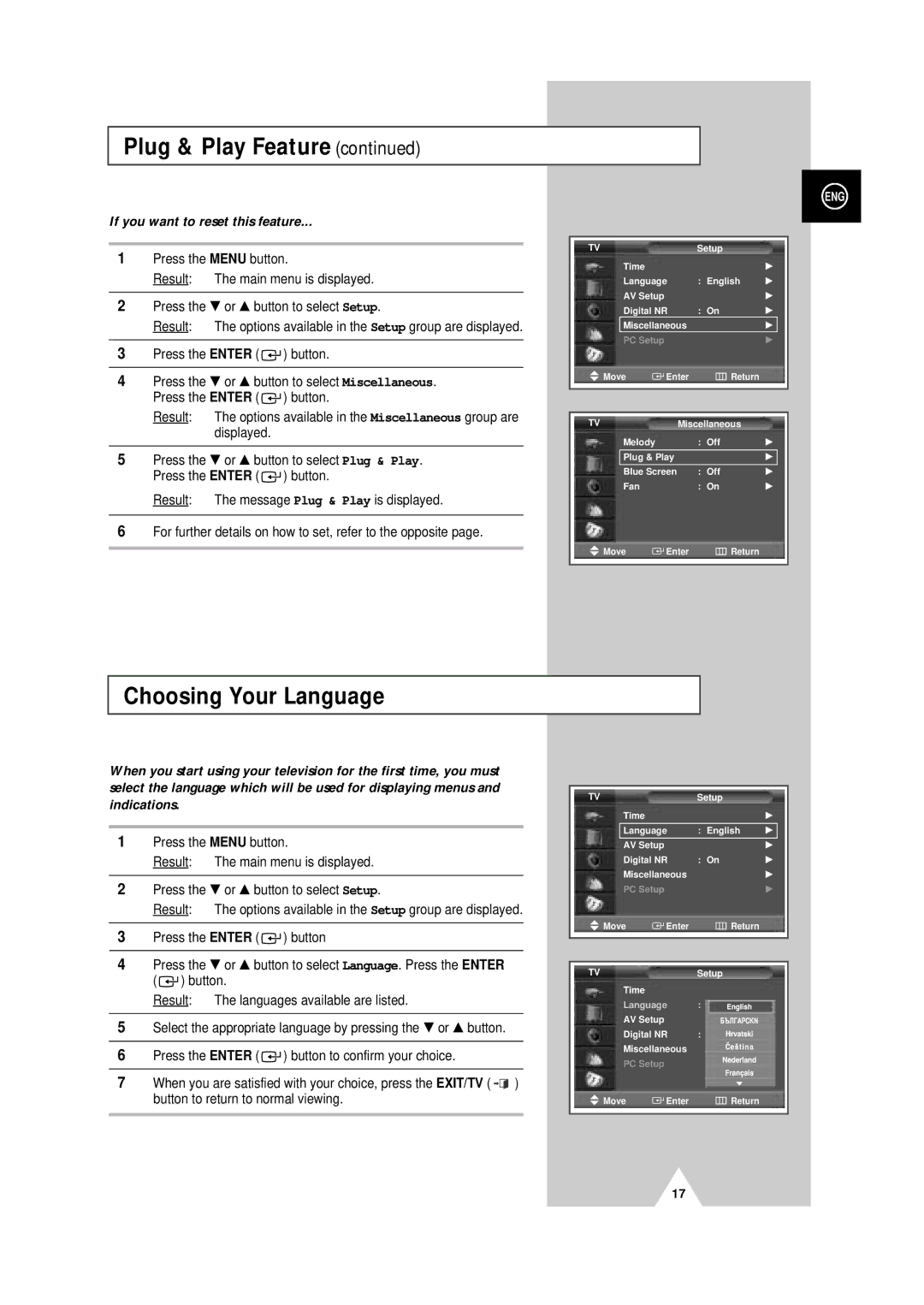 Samsung PS-50P4H manual Choosing Your Language, If you want to reset this feature 