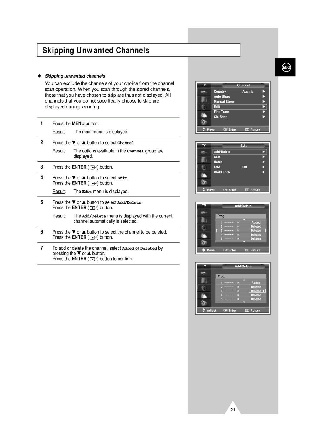 Samsung PS-50P4H manual Skipping Unwanted Channels, Skipping unwanted channels, Result The Edit menu is displayed 