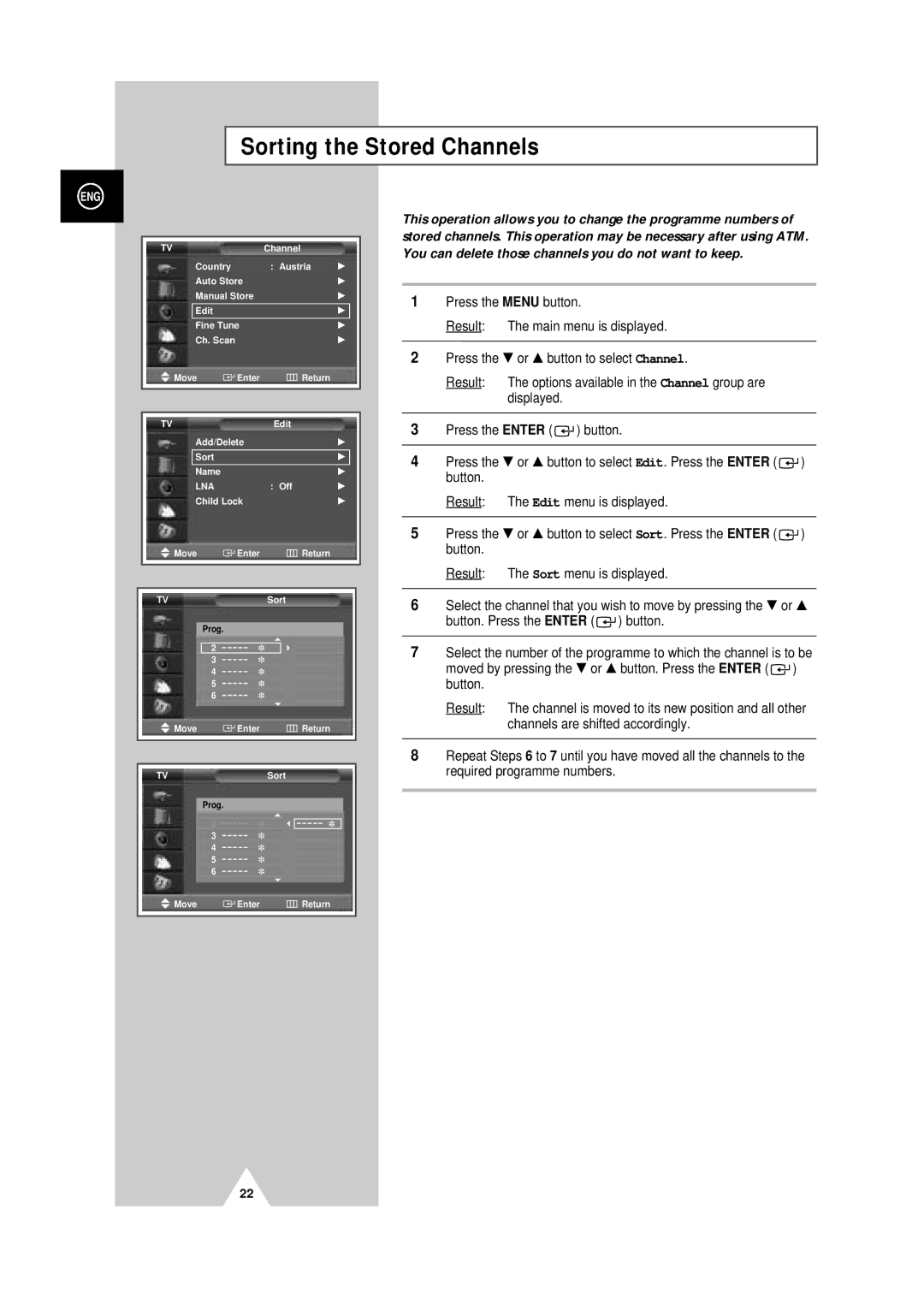 Samsung PS-50P4H manual Sorting the Stored Channels 