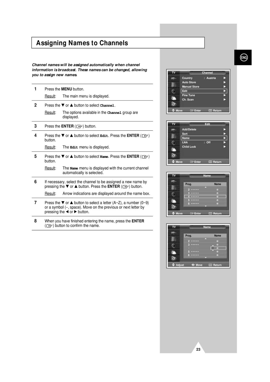 Samsung PS-50P4H manual Assigning Names to Channels 