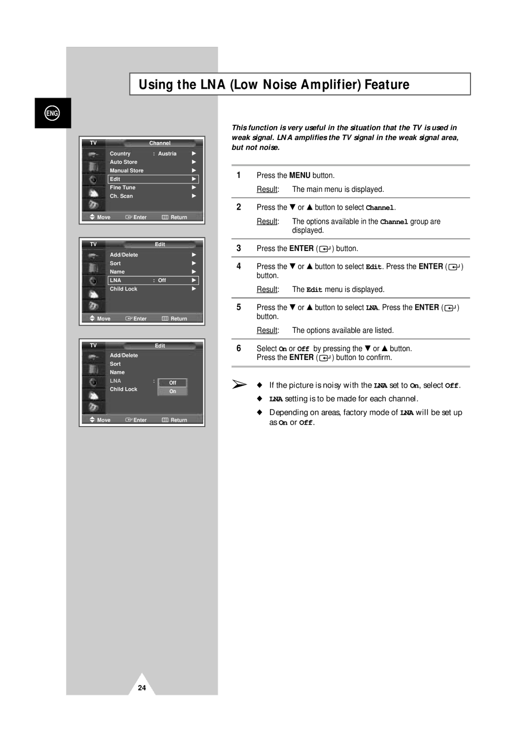 Samsung PS-50P4H manual Using the LNA Low Noise Amplifier Feature 