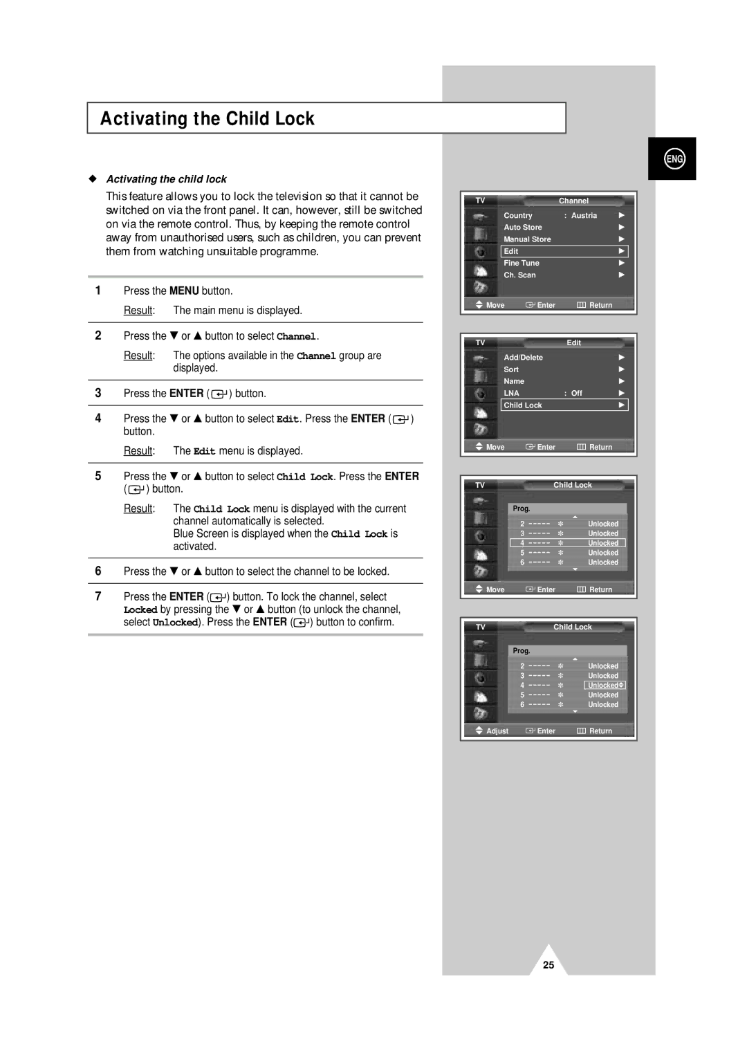 Samsung PS-50P4H manual Activating the Child Lock, Activating the child lock 