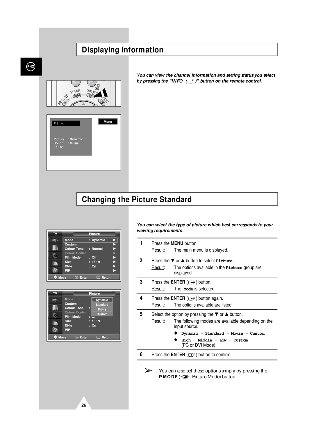 Samsung PS-50P4H manual Displaying Information, Changing the Picture Standard 