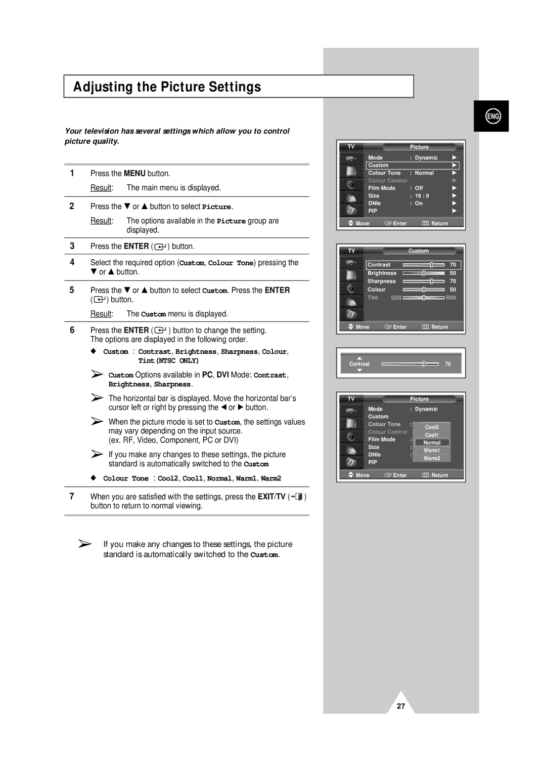 Samsung PS-50P4H manual Adjusting the Picture Settings, Custom Options available in PC, DVI Mode Contrast 