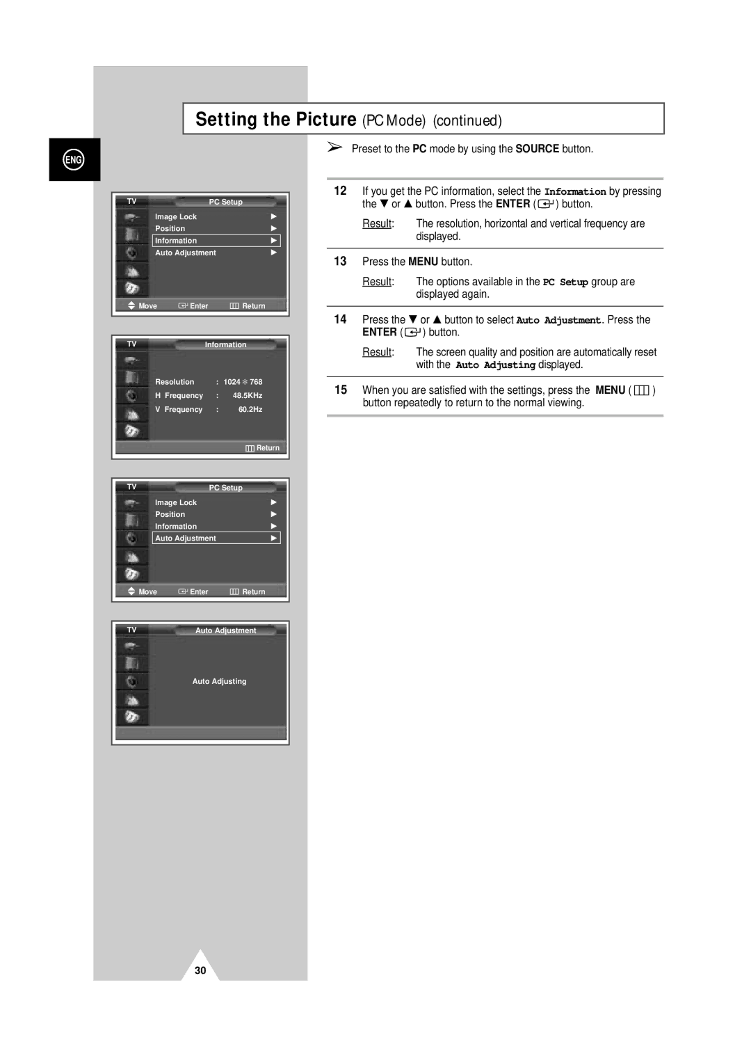 Samsung PS-50P4H manual Setting the Picture PC Mode 