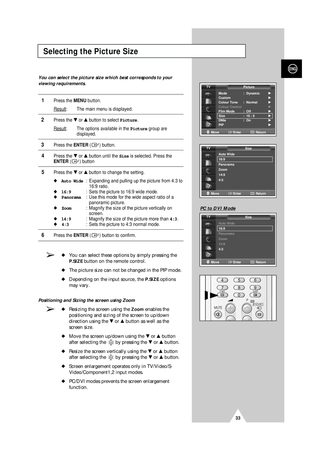 Samsung PS-50P4H manual Selecting the Picture Size, Positioning and Sizing the screen using Zoom, PC to DVI Mode 