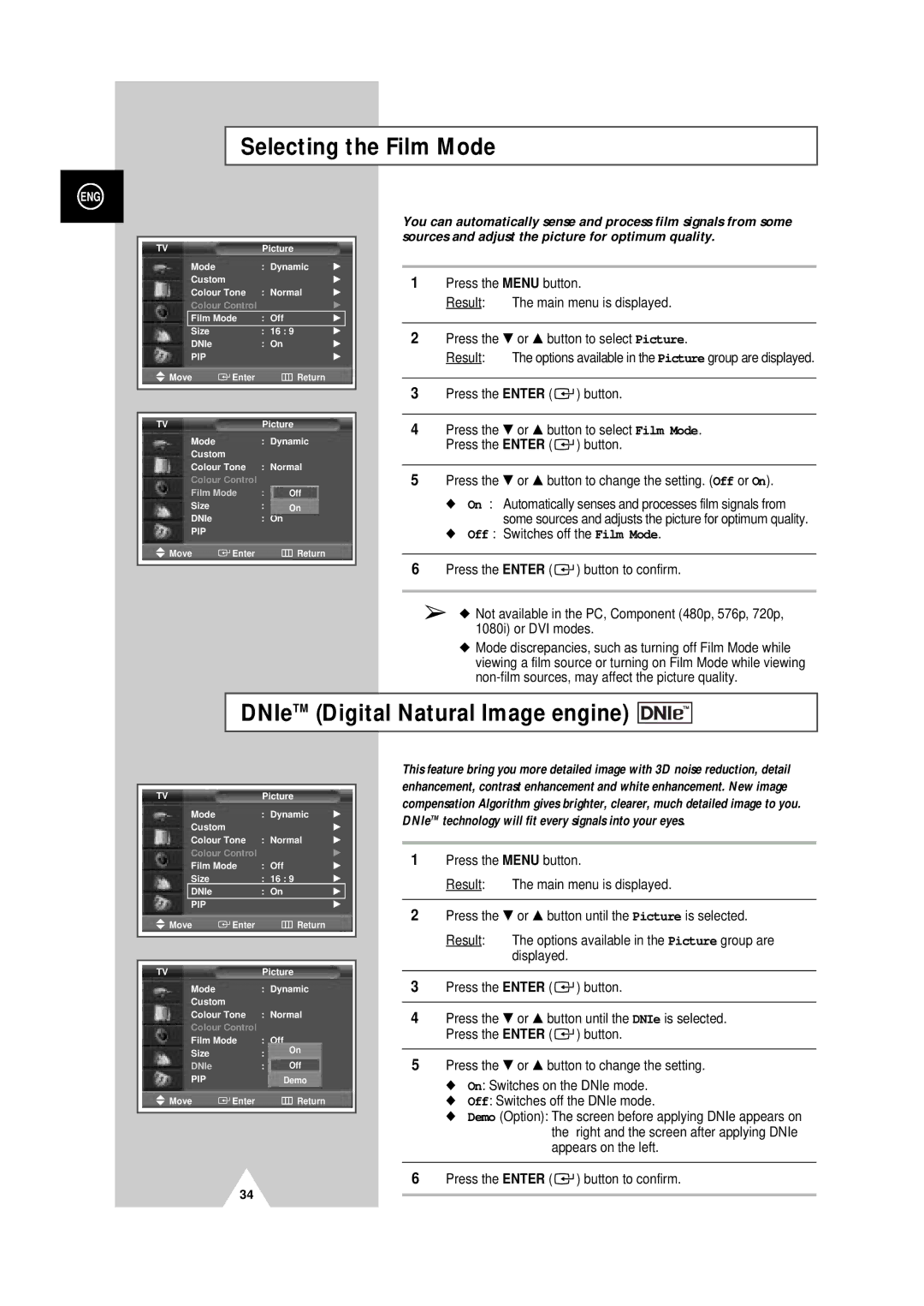 Samsung PS-50P4H manual Selecting the Film Mode, DNIeTM Digital Natural Image engine 