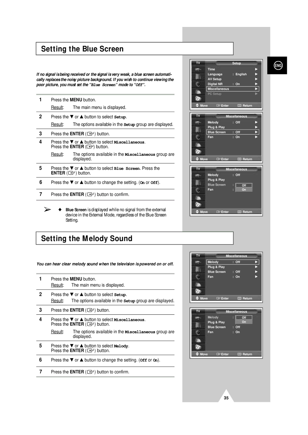 Samsung PS-50P4H manual Setting the Blue Screen, Setting the Melody Sound 