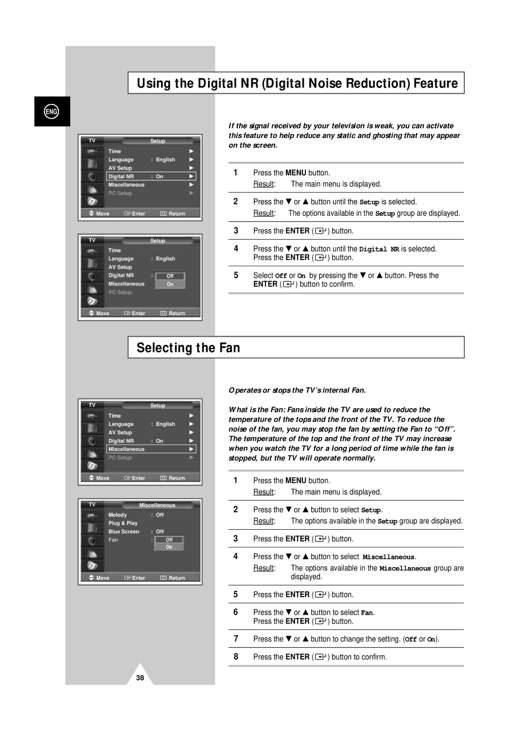 Samsung PS-50P4H manual Using the Digital NR Digital Noise Reduction Feature, Selecting the Fan 