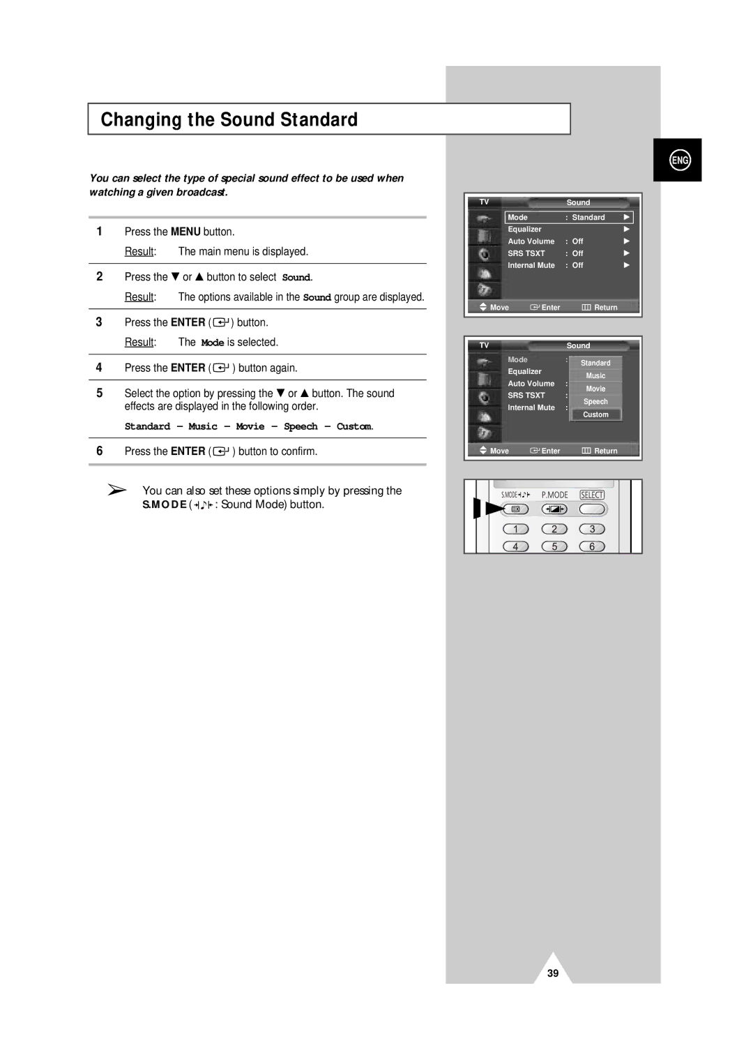 Samsung PS-50P4H manual Changing the Sound Standard, Standard Music Movie Speech Custom 