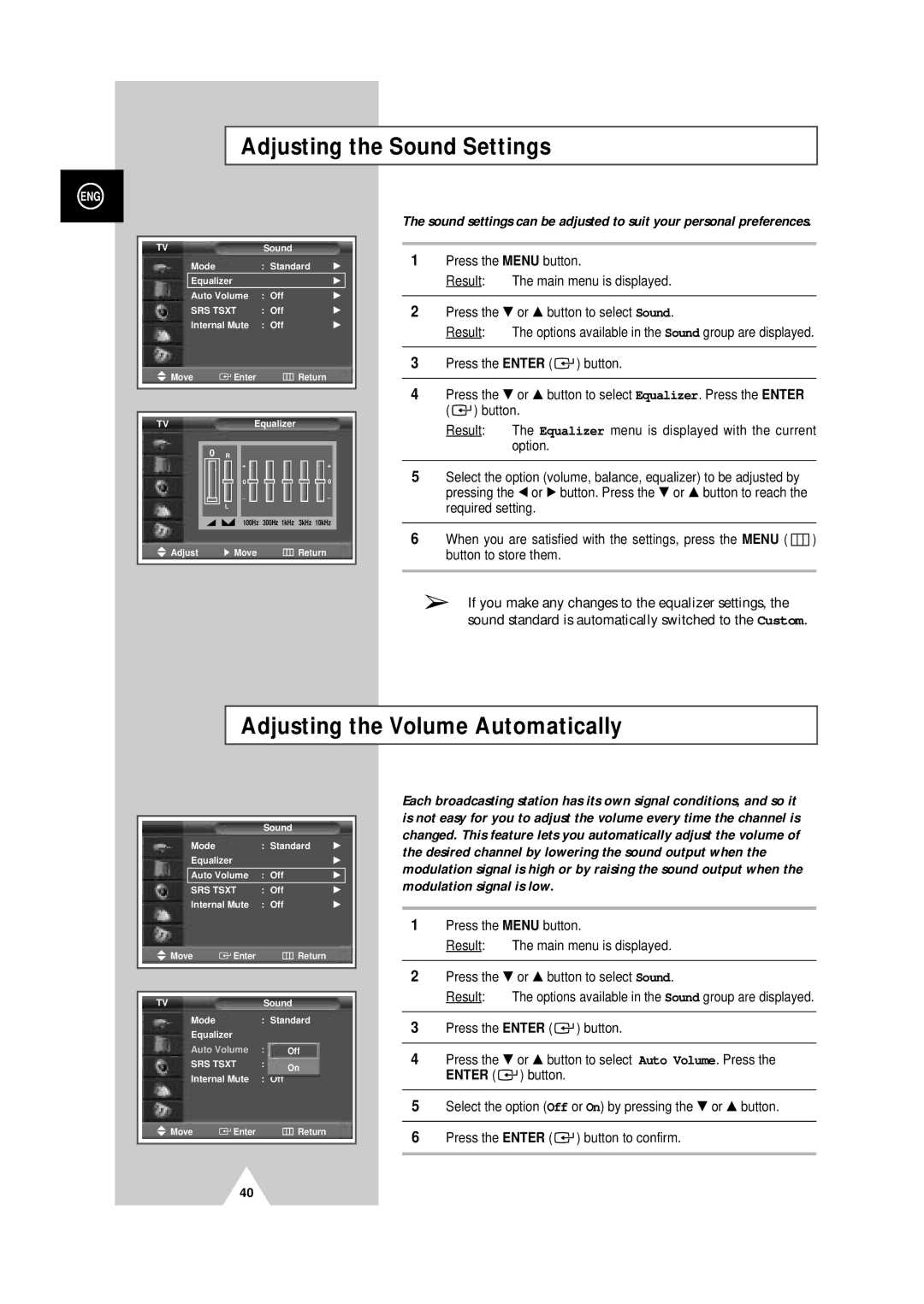 Samsung PS-50P4H manual Adjusting the Sound Settings, Adjusting the Volume Automatically 