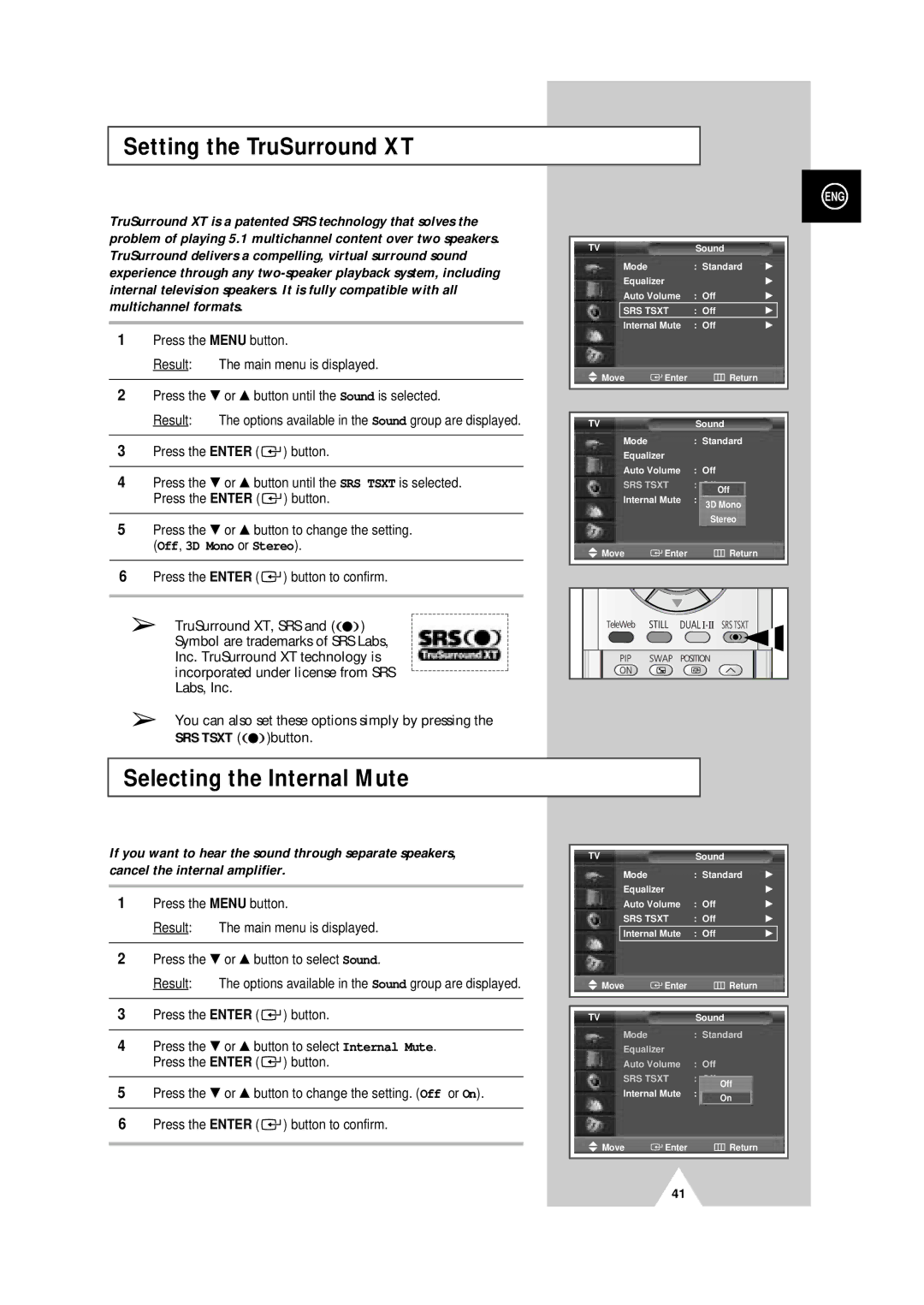 Samsung PS-50P4H manual Setting the TruSurround XT, Selecting the Internal Mute 