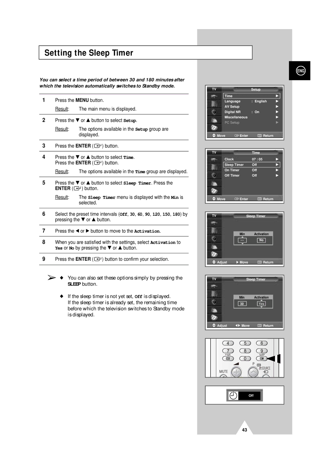 Samsung PS-50P4H manual Setting the Sleep Timer 