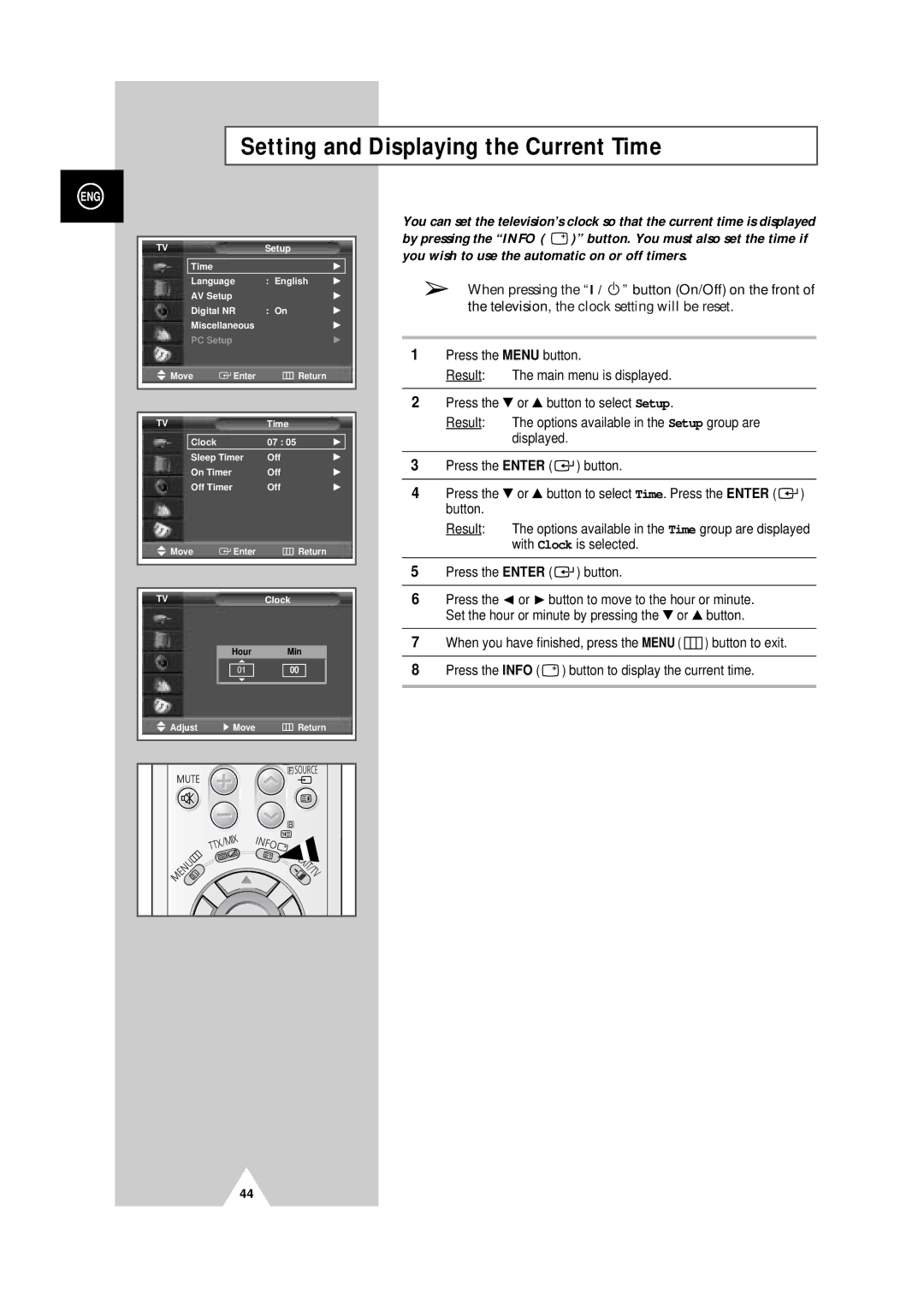 Samsung PS-50P4H manual Setting and Displaying the Current Time 