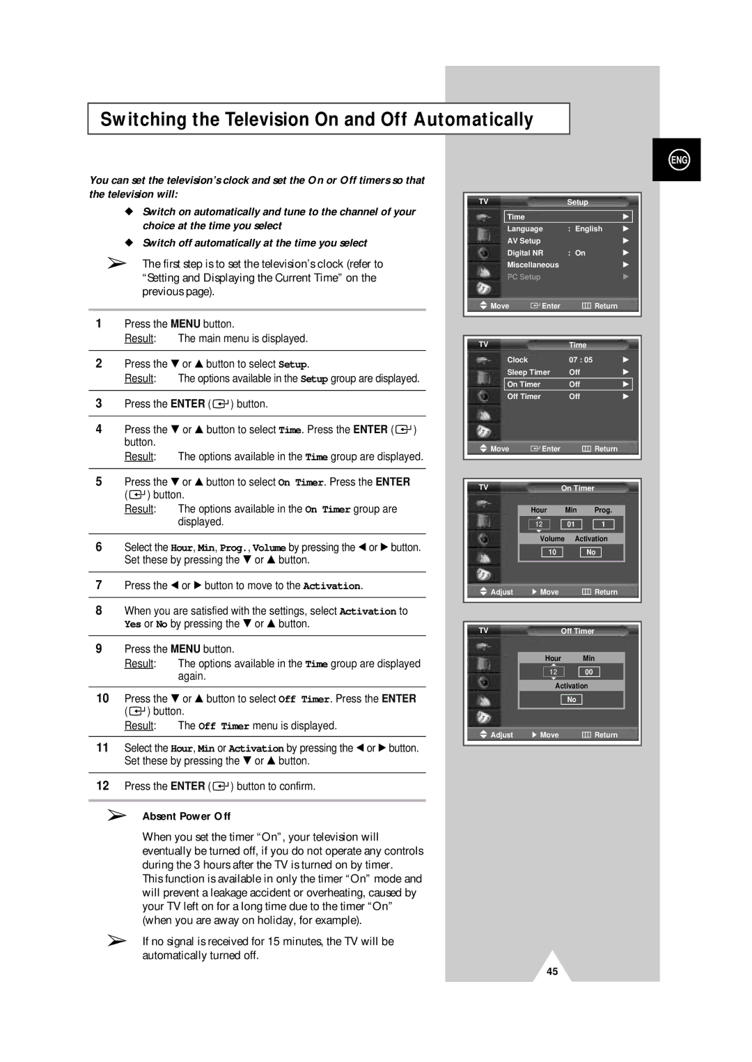 Samsung PS-50P4H manual Switching the Television On and Off Automatically, Absent Power Off 