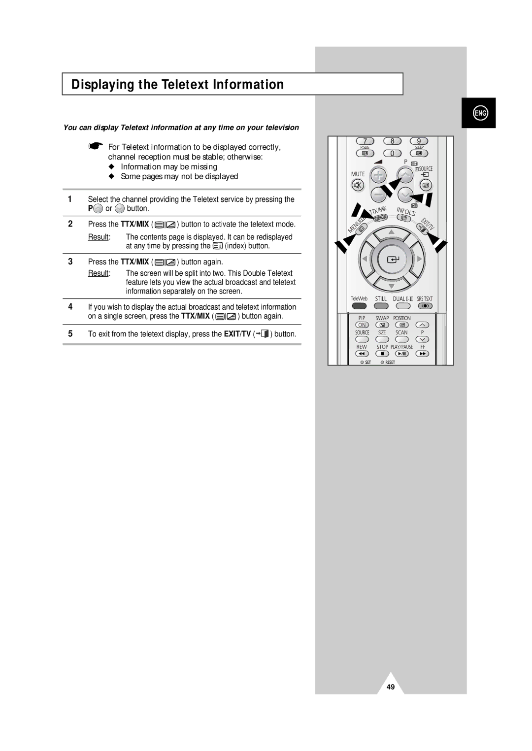 Samsung PS-50P4H manual Displaying the Teletext Information, Press the TTX/MIX button again 