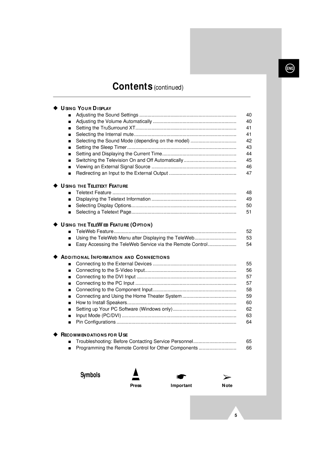 Samsung PS-50P4H manual Symbols, Contents 