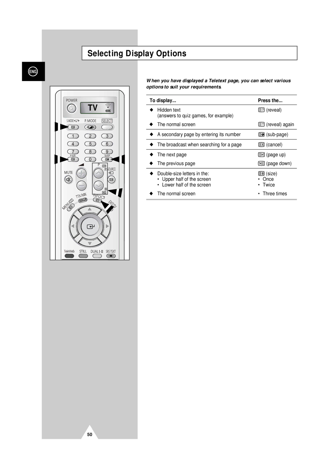 Samsung PS-50P4H manual Selecting Display Options, To display Press 