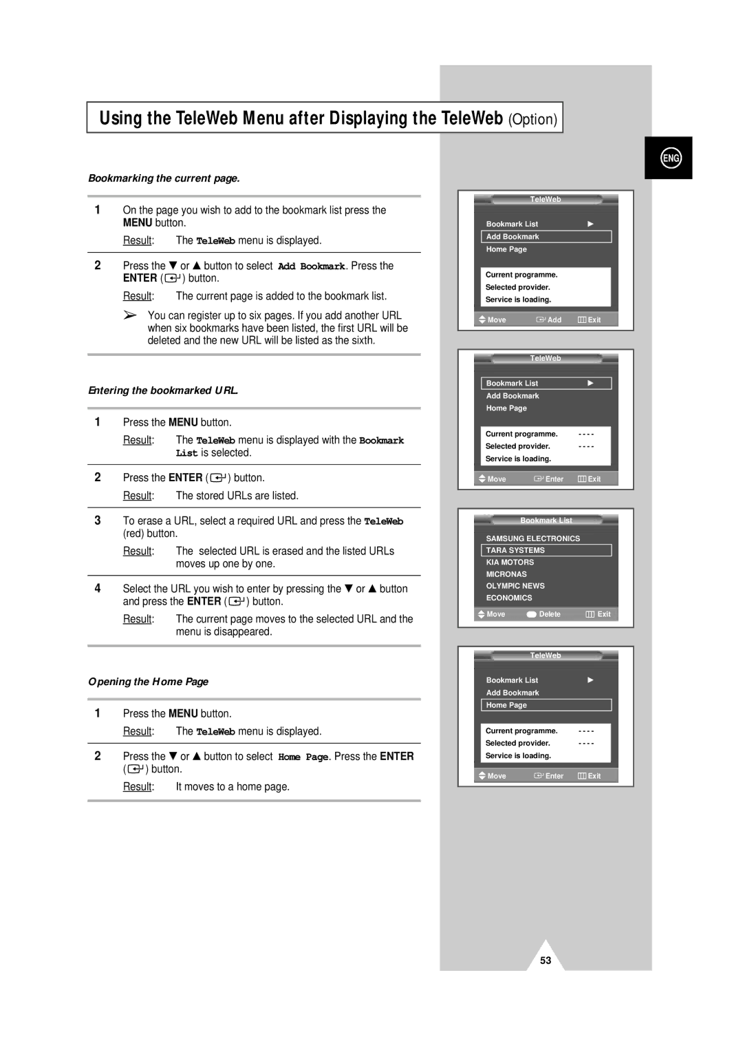 Samsung PS-50P4H Using the TeleWeb Menu after Displaying the TeleWeb Option, Bookmarking the current, Opening the Home 