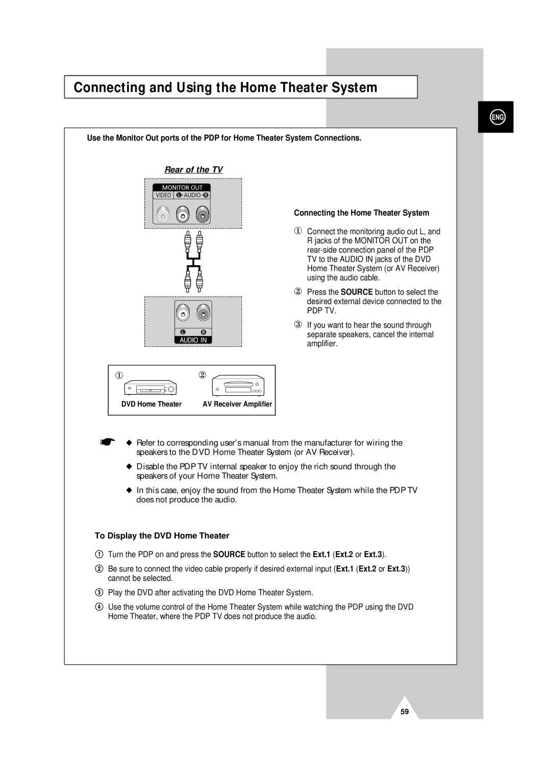 Samsung PS-50P4H manual Connecting and Using the Home Theater System, Connecting the Home Theater System 