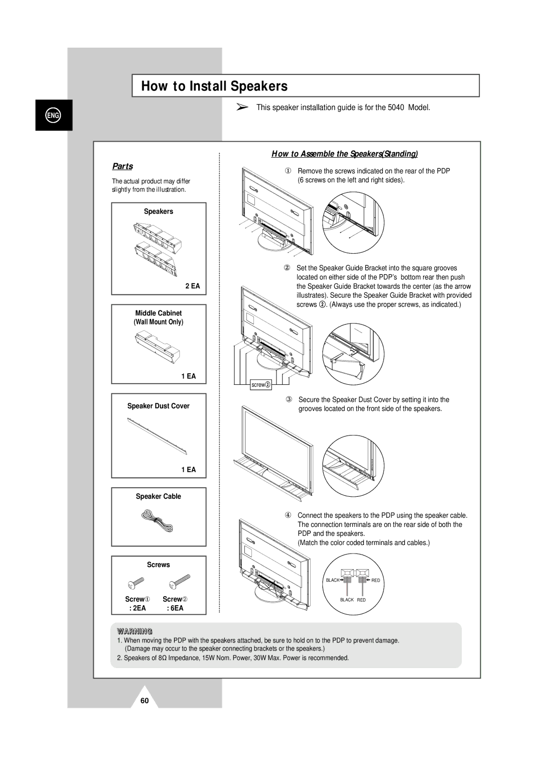 Samsung PS-50P4H manual How to Install Speakers, This speaker installation guide is for the 5040 Model 