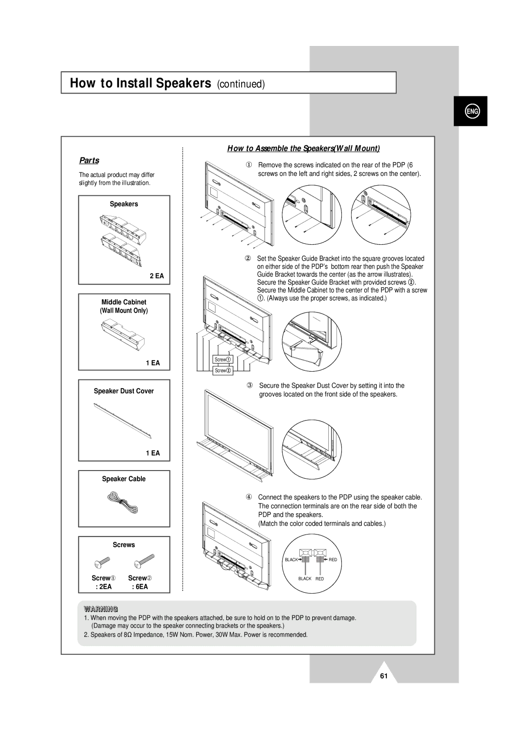 Samsung PS-50P4H manual How to Assemble the SpeakersWall Mount 