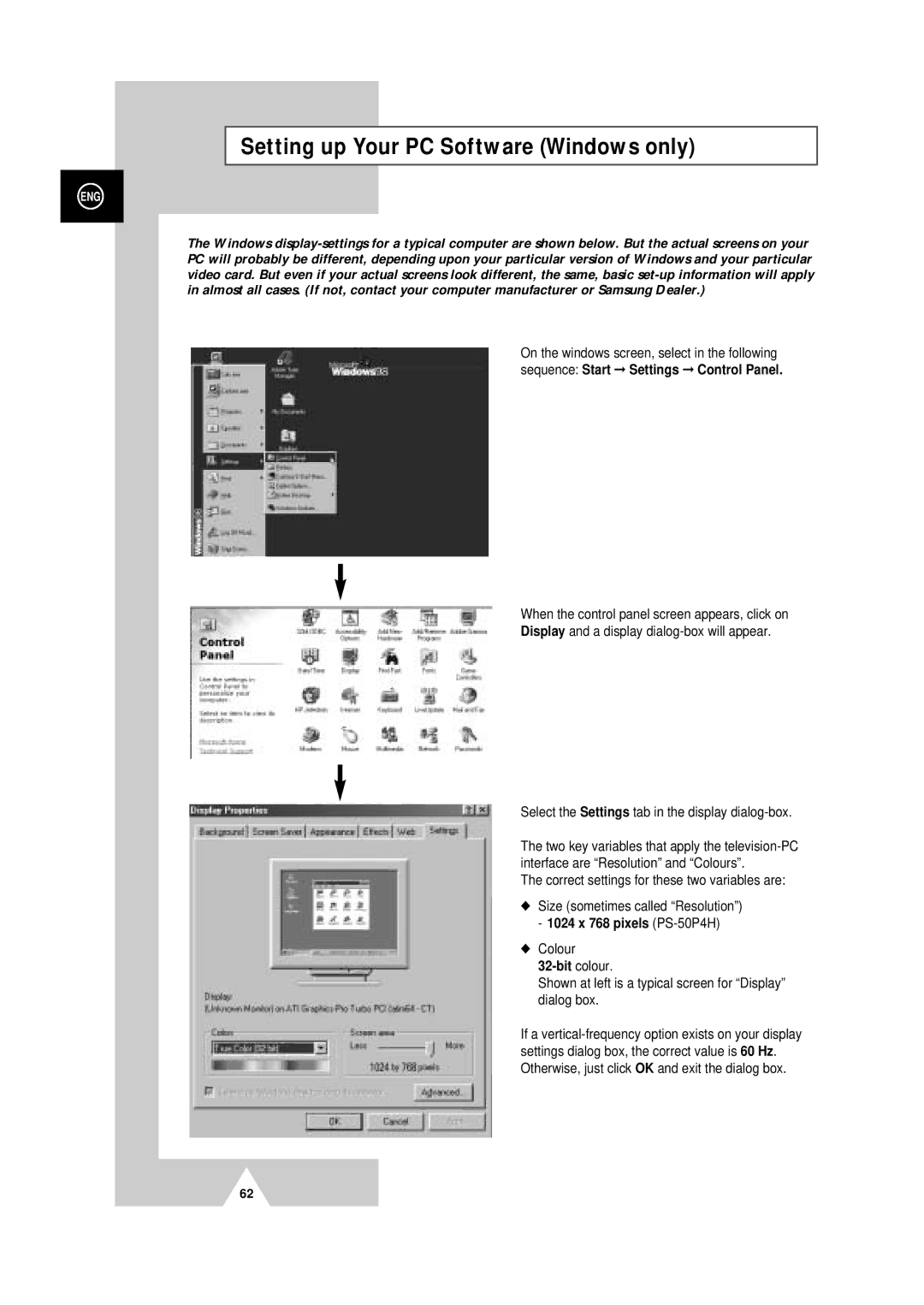 Samsung PS-50P4H manual Setting up Your PC Software Windows only, Correct settings for these two variables are 