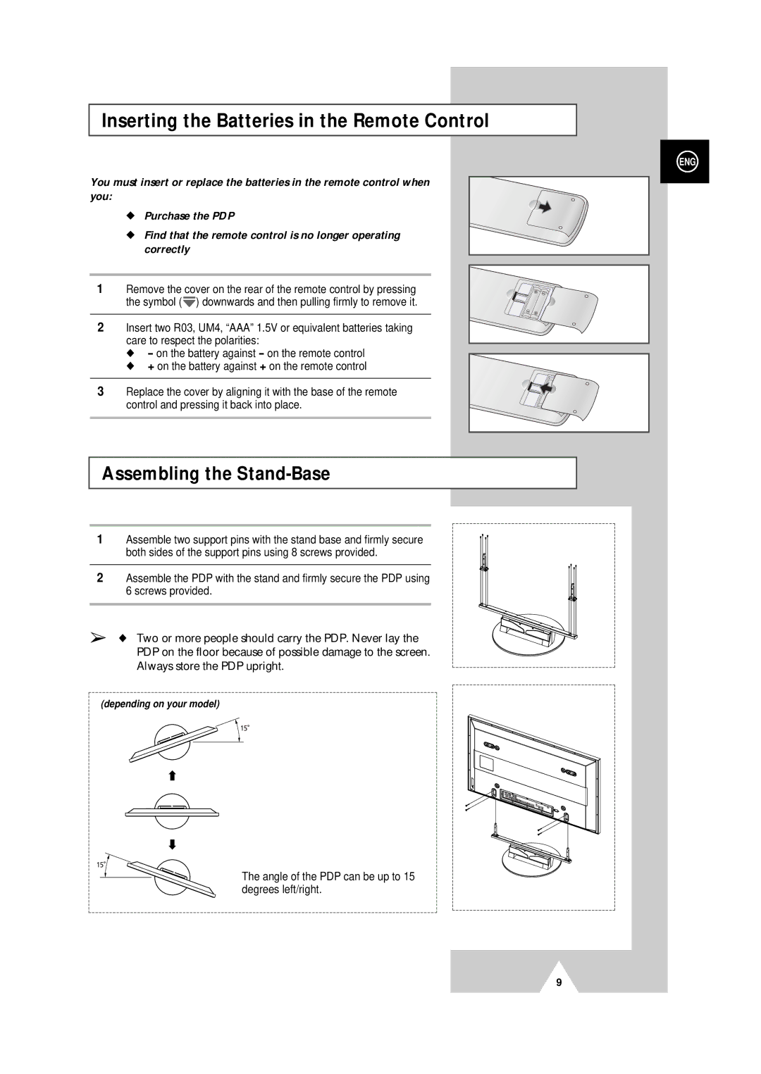 Samsung PS-50P4H manual Inserting the Batteries in the Remote Control, Assembling the Stand-Base 