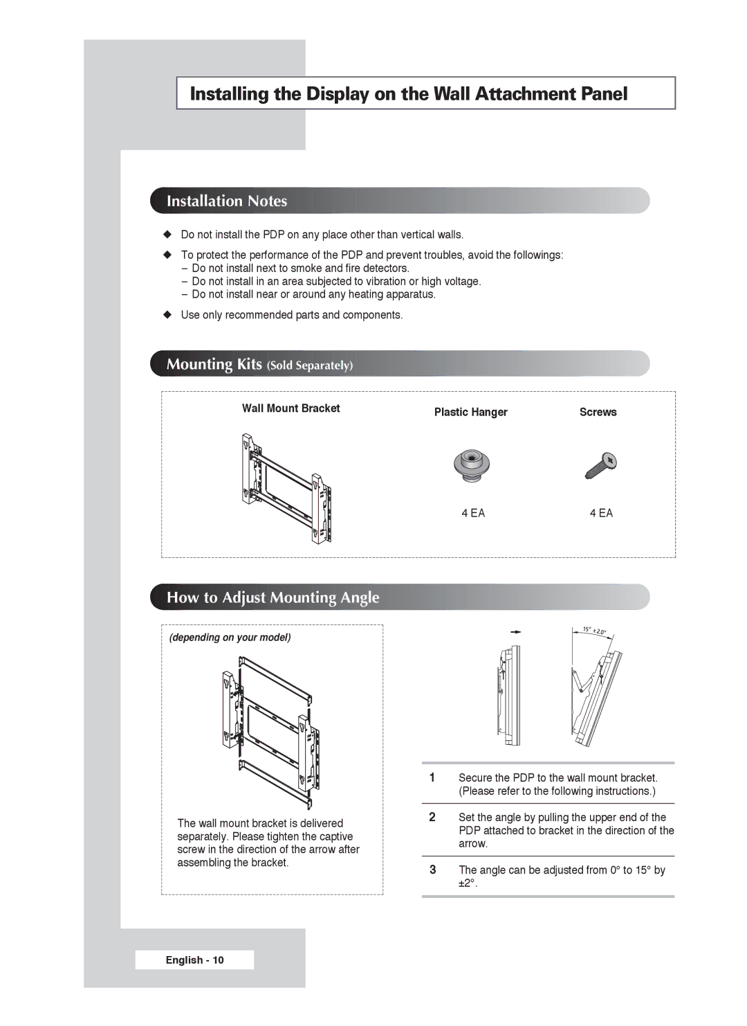 Samsung PS-50P4H1 manual Installing the Display on the Wall Attachment Panel, Installation Notes 