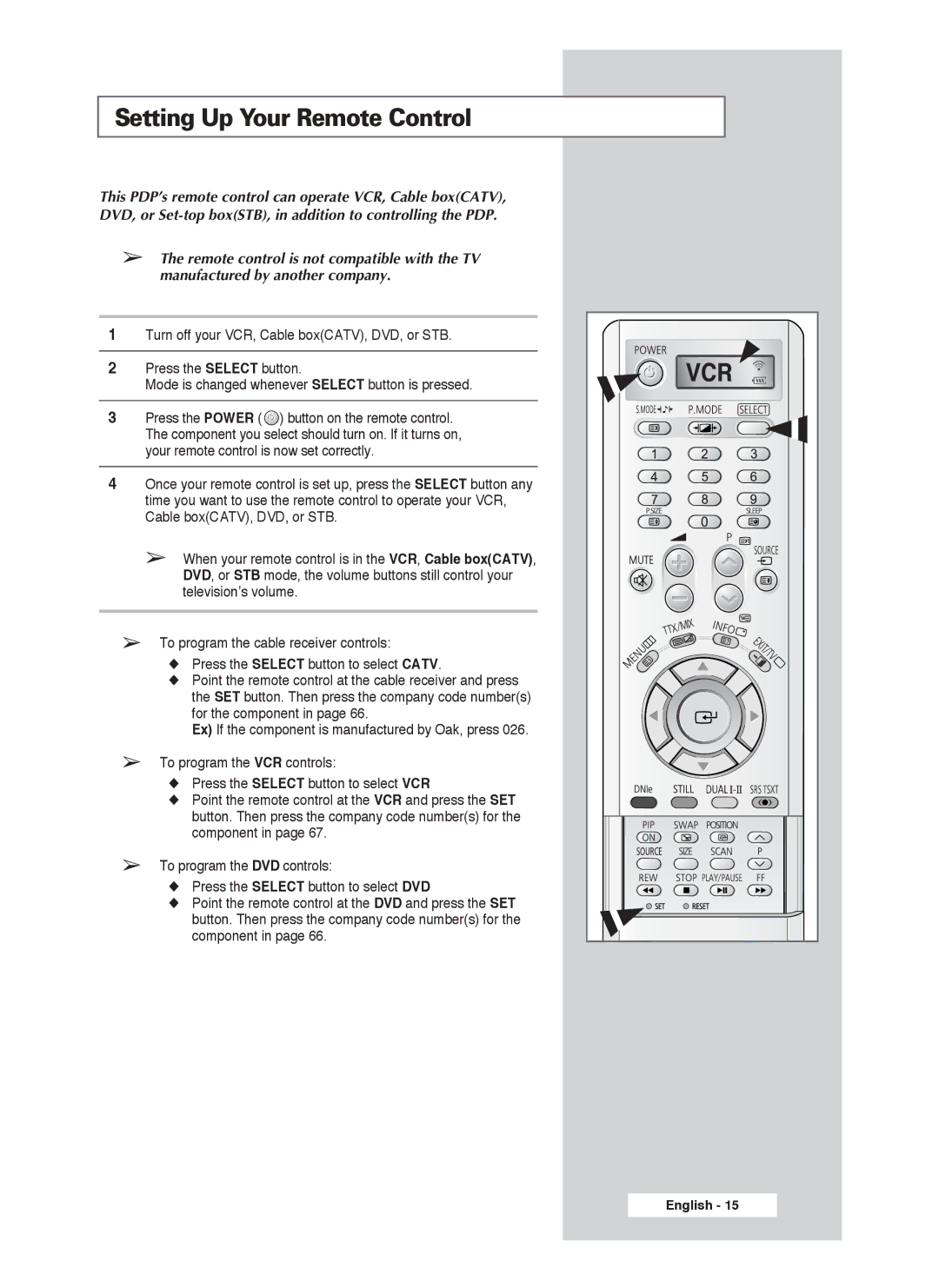 Samsung PS-50P4H1 manual Setting Up Your Remote Control, Vcr 