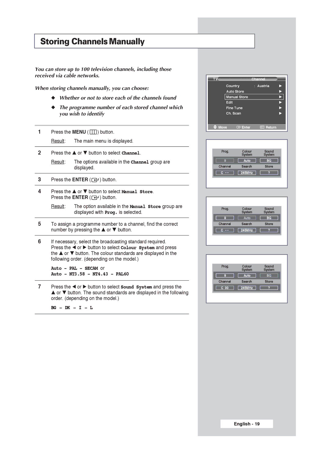 Samsung PS-50P4H1 manual Storing ChannelsManually, Auto PAL Secam or, Bg Dk I L 