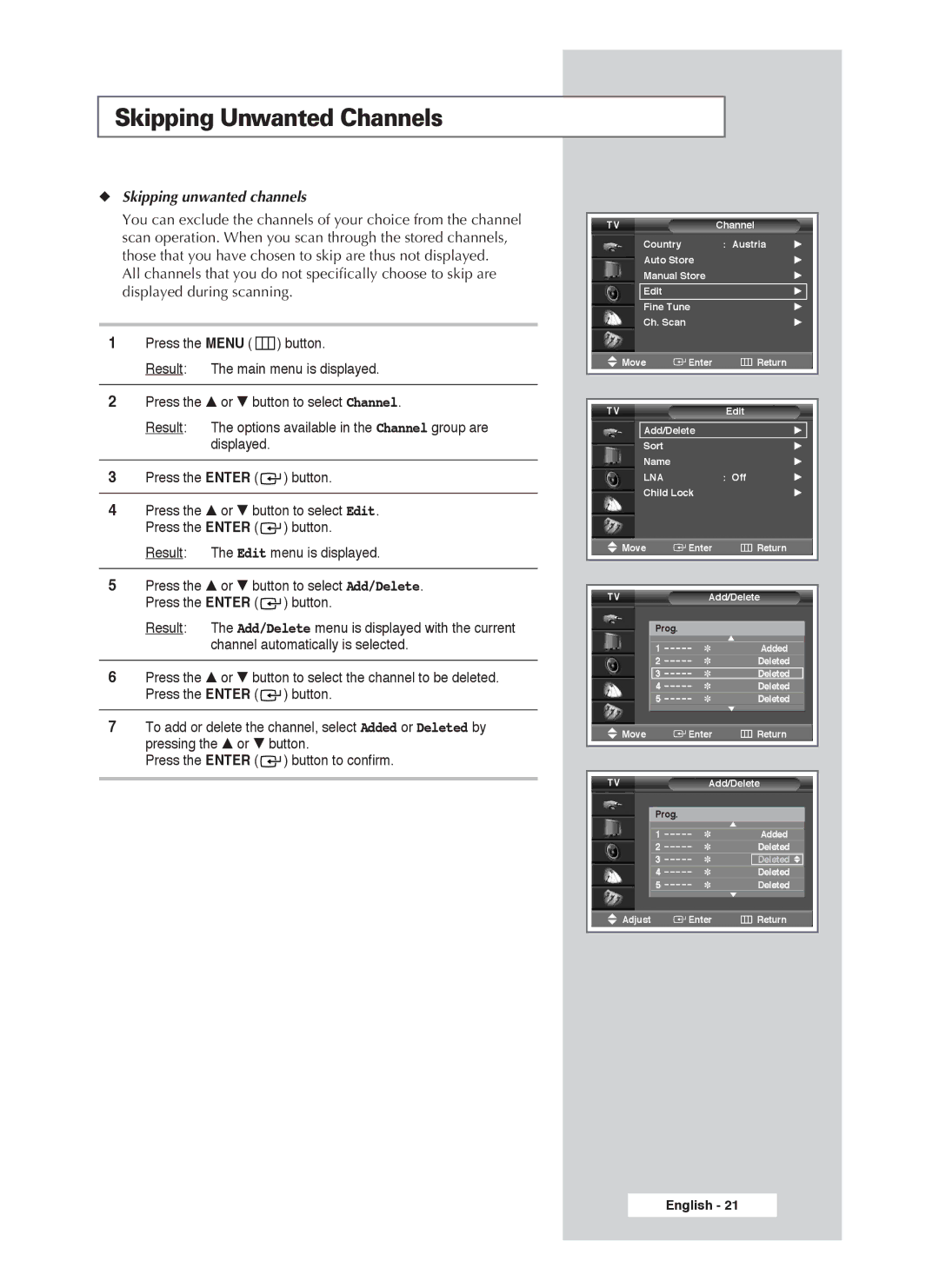 Samsung PS-50P4H1 manual Skipping Unwanted Channels, Skipping unwanted channels 