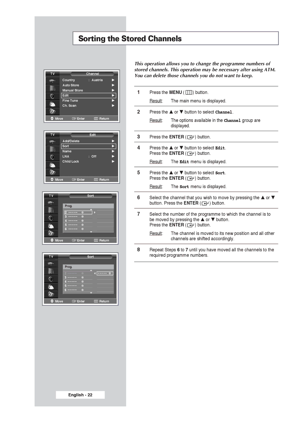 Samsung PS-50P4H1 manual Sorting the Stored Channels 