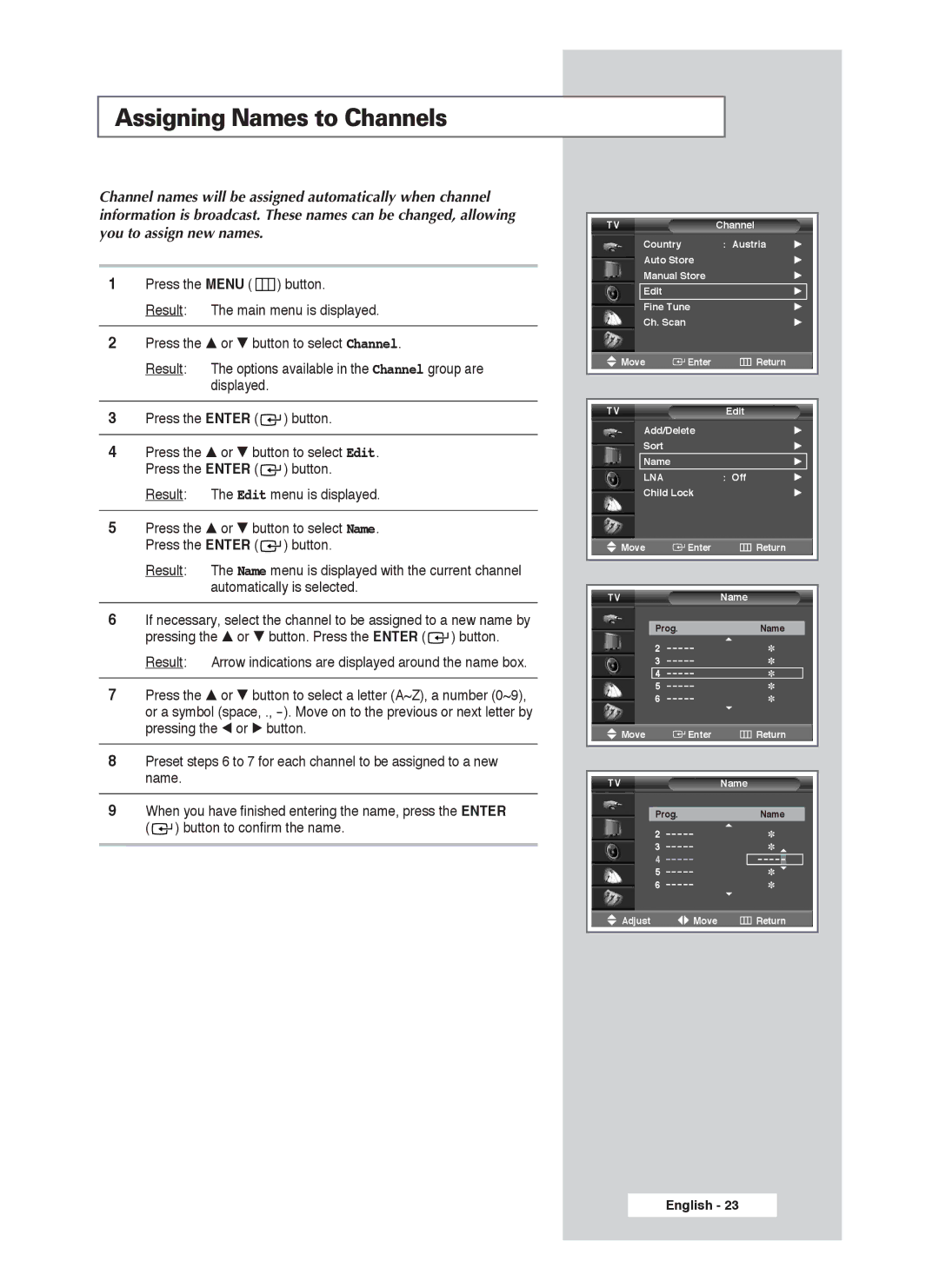 Samsung PS-50P4H1 manual Assigning Names to Channels 