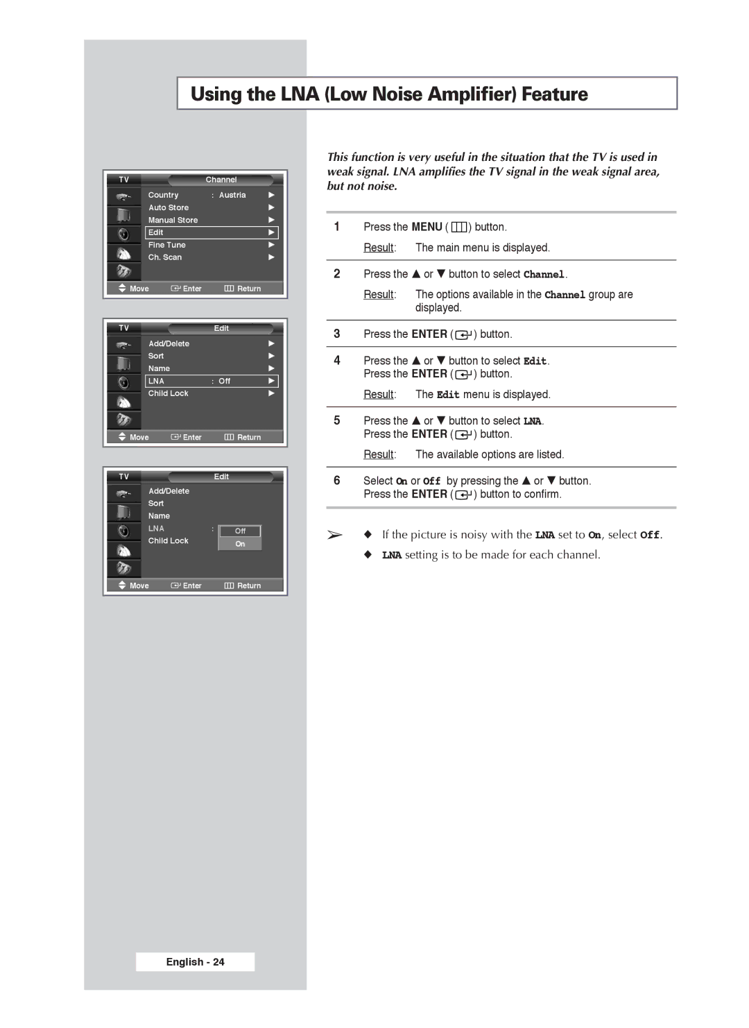 Samsung PS-50P4H1 manual Using the LNA Low Noise Amplifier Feature 