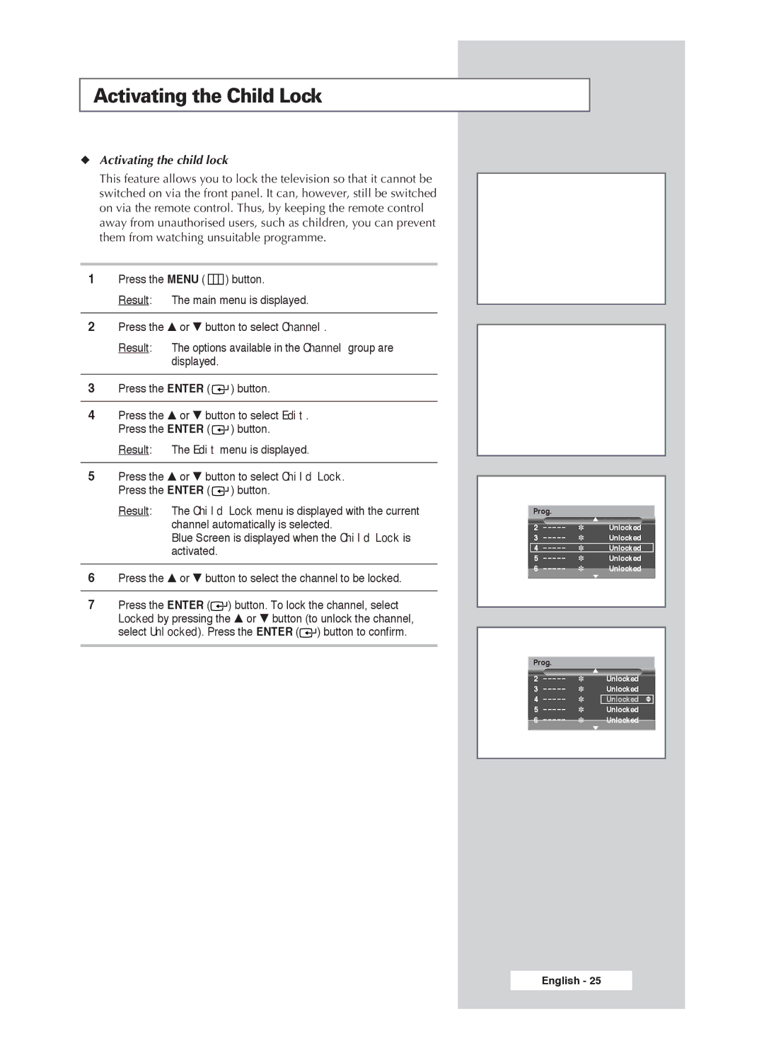 Samsung PS-50P4H1 manual Activating the Child Lock, Activating the child lock 