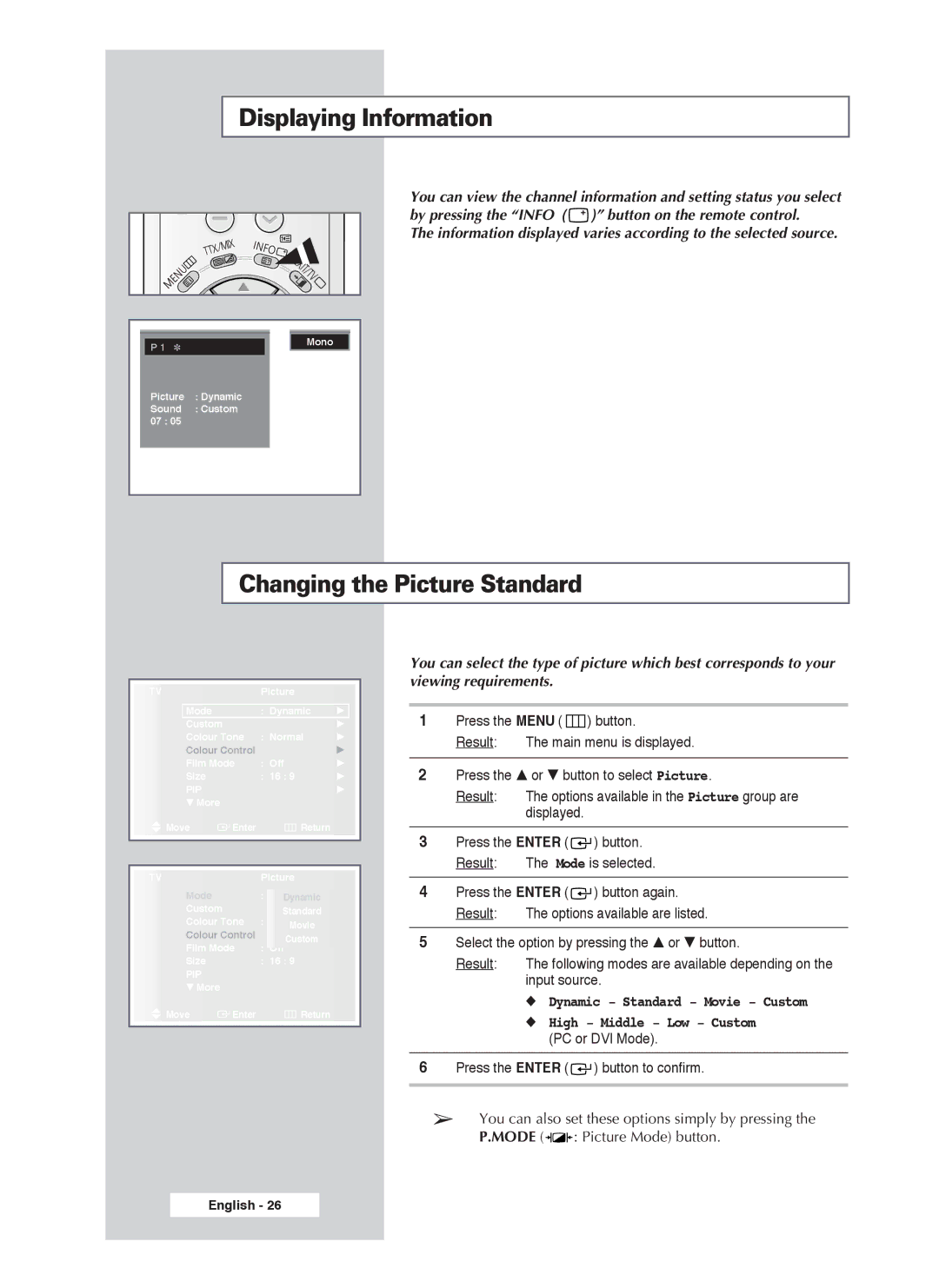 Samsung PS-50P4H1 manual Displaying Information, Changing the Picture Standard 