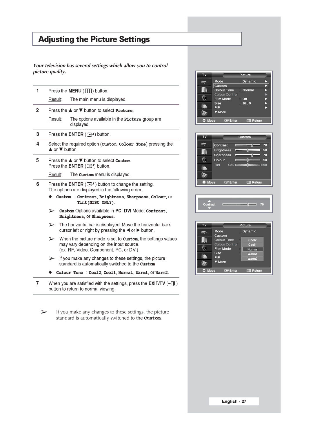 Samsung PS-50P4H1 manual Adjusting the Picture Settings, Brightness, or Sharpness 