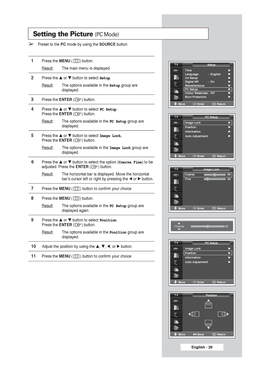 Samsung PS-50P4H1 manual Setting the Picture PC Mode 