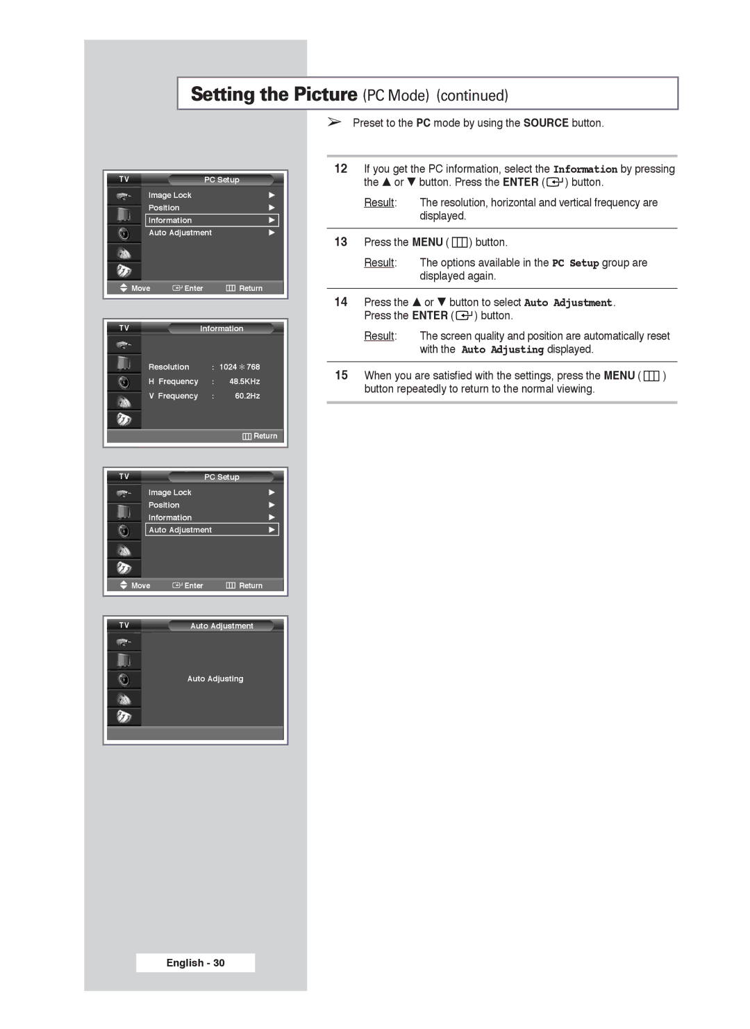 Samsung PS-50P4H1 manual Setting the Picture PC Mode 