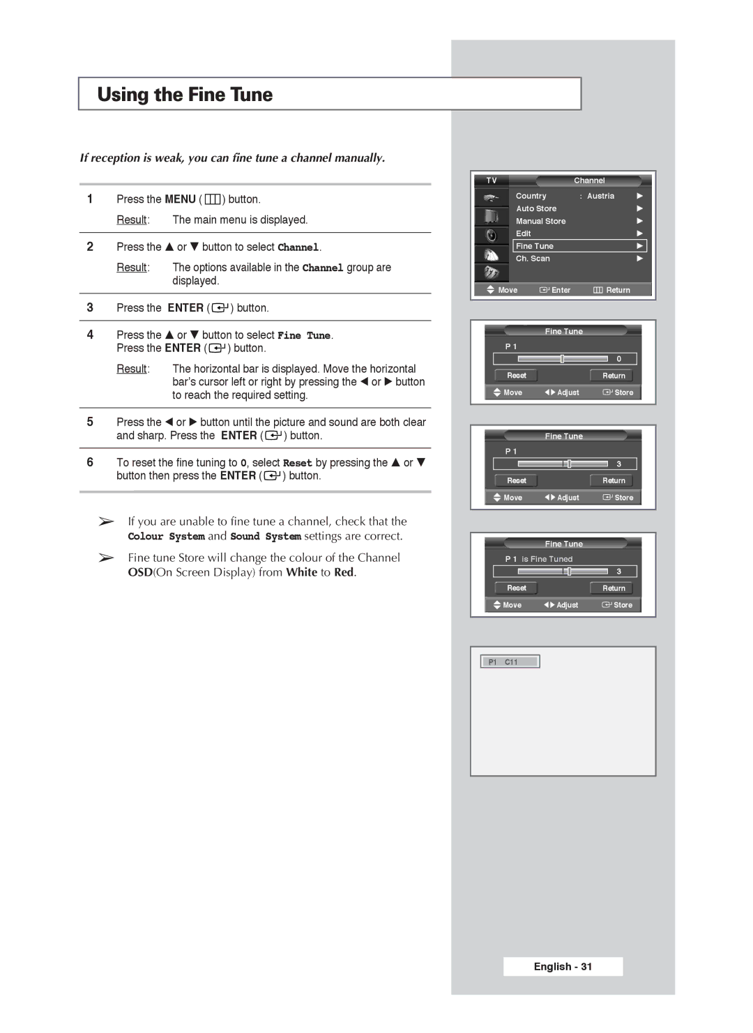 Samsung PS-50P4H1 Using the Fine Tune, If reception is weak, you can fine tune a channel manually 