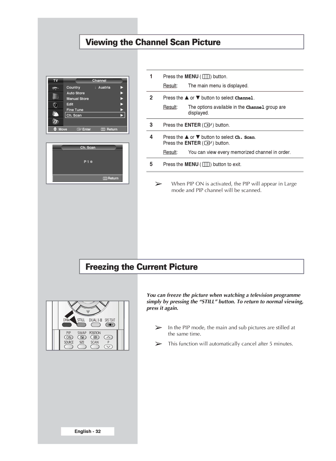 Samsung PS-50P4H1 manual Viewing the Channel Scan Picture, Freezing the Current Picture 