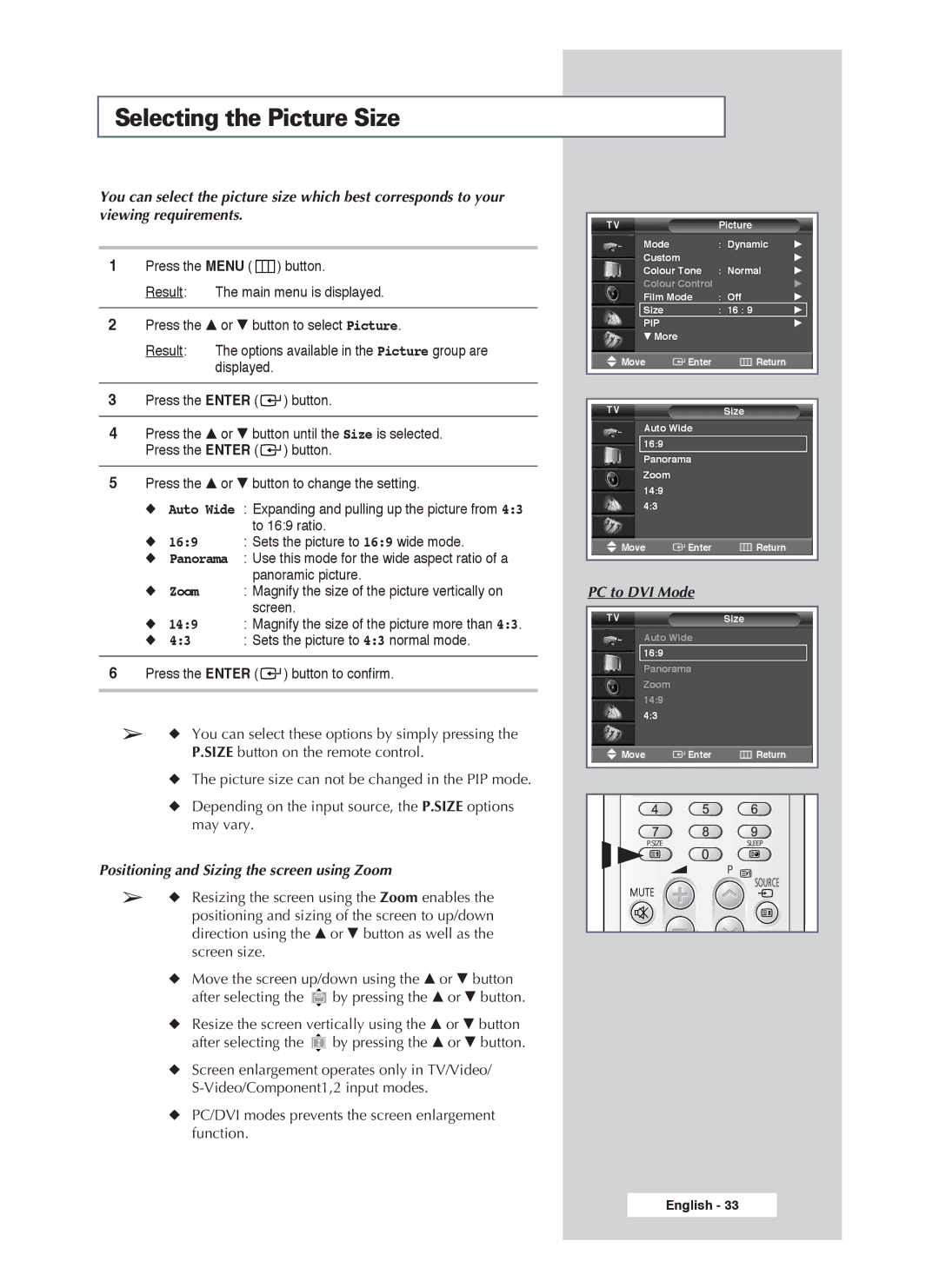 Samsung PS-50P4H1 manual Selecting the Picture Size, Positioning and Sizing the screen using Zoom, PC to DVI Mode 