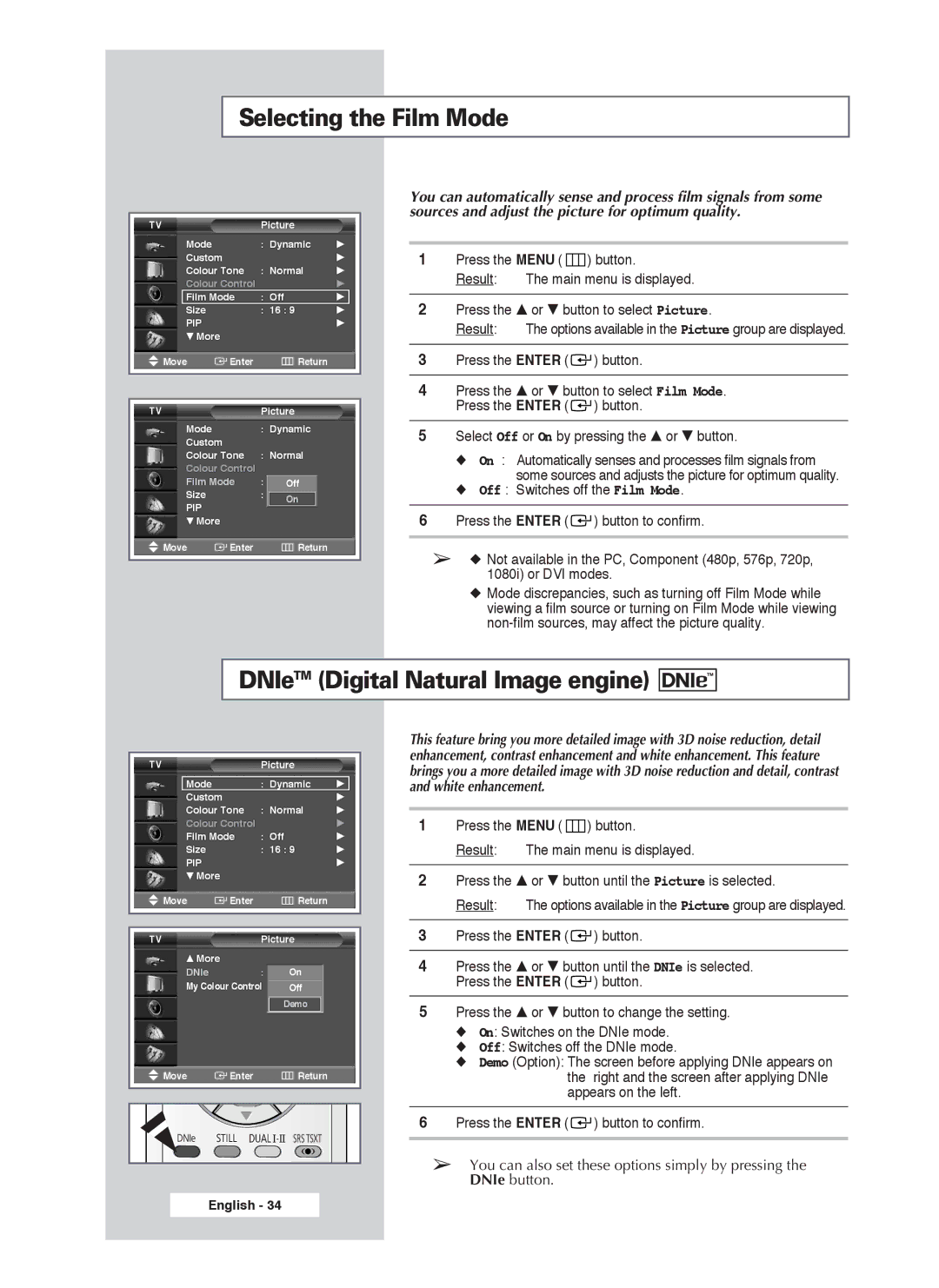 Samsung PS-50P4H1 manual Selecting the Film Mode, DNIeTM Digital Natural Image engine, White enhancement 