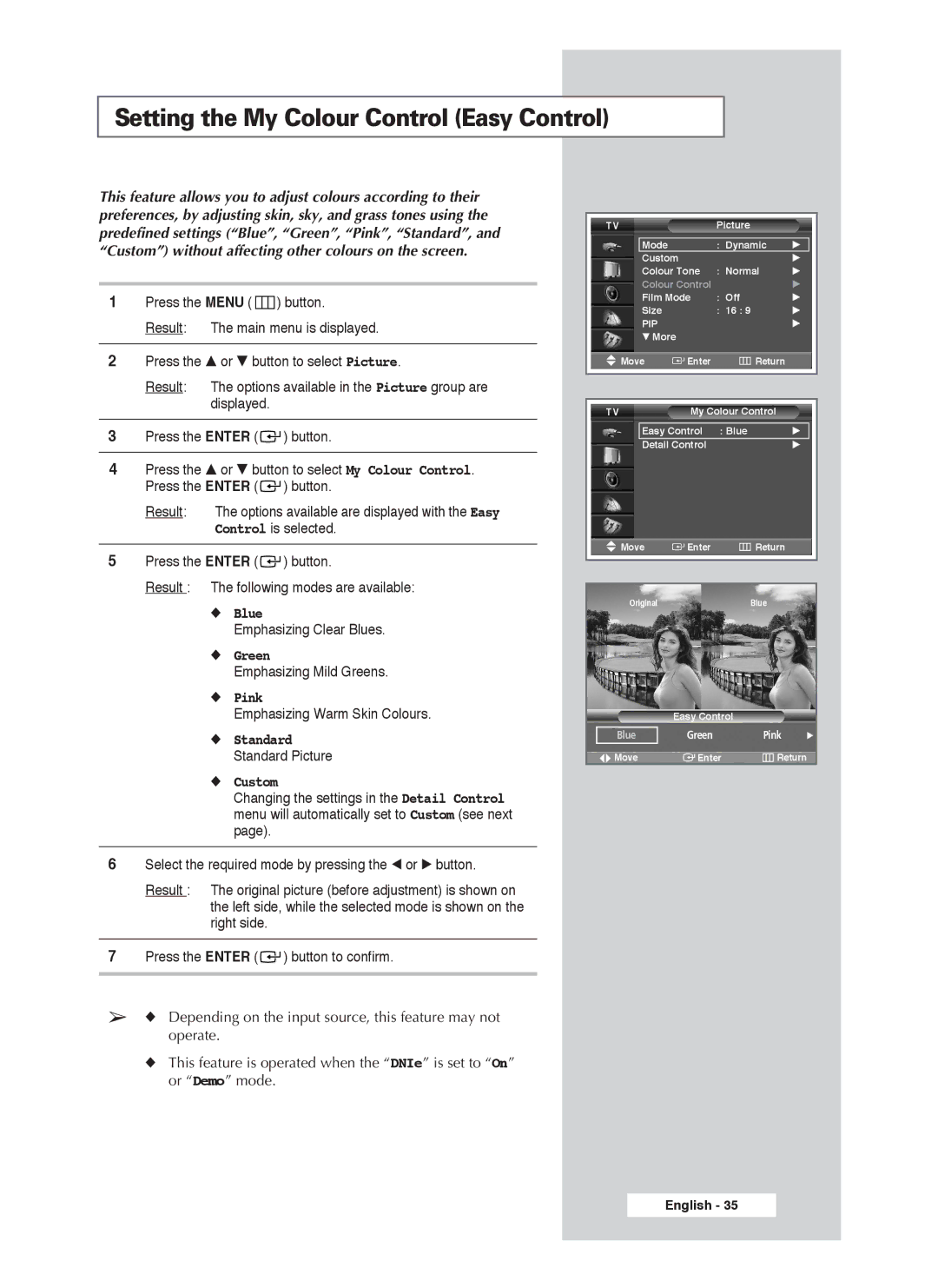 Samsung PS-50P4H1 manual Setting the My Colour Control Easy Control 