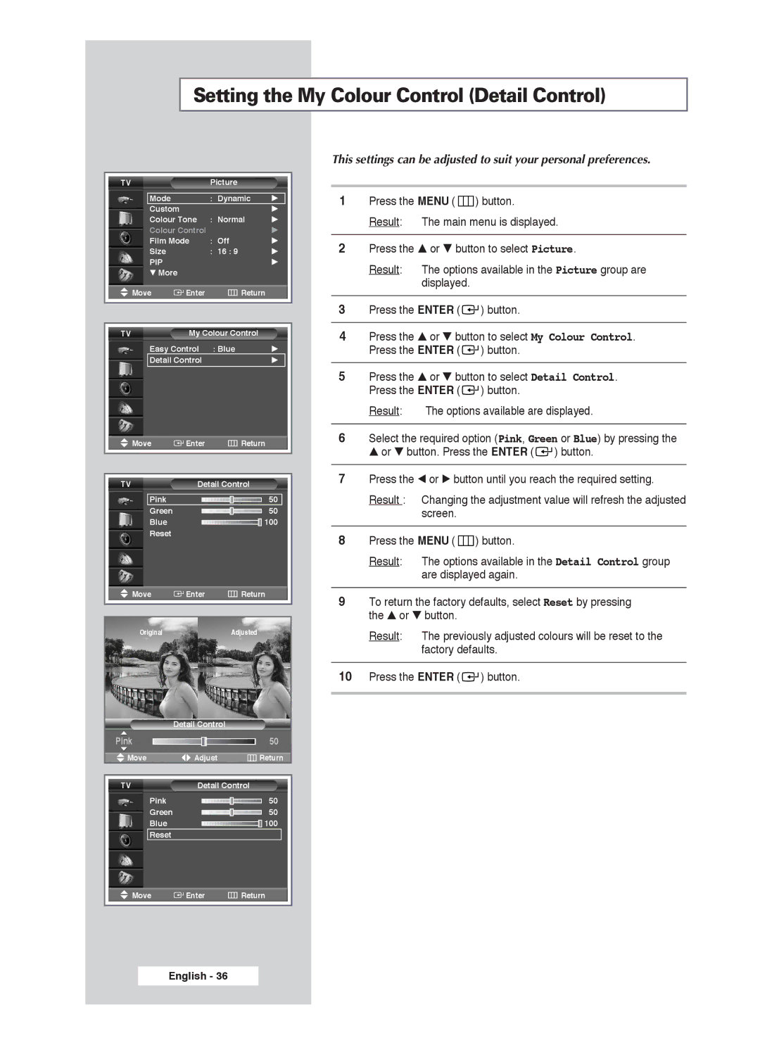 Samsung PS-50P4H1 manual Setting the My Colour Control Detail Control 